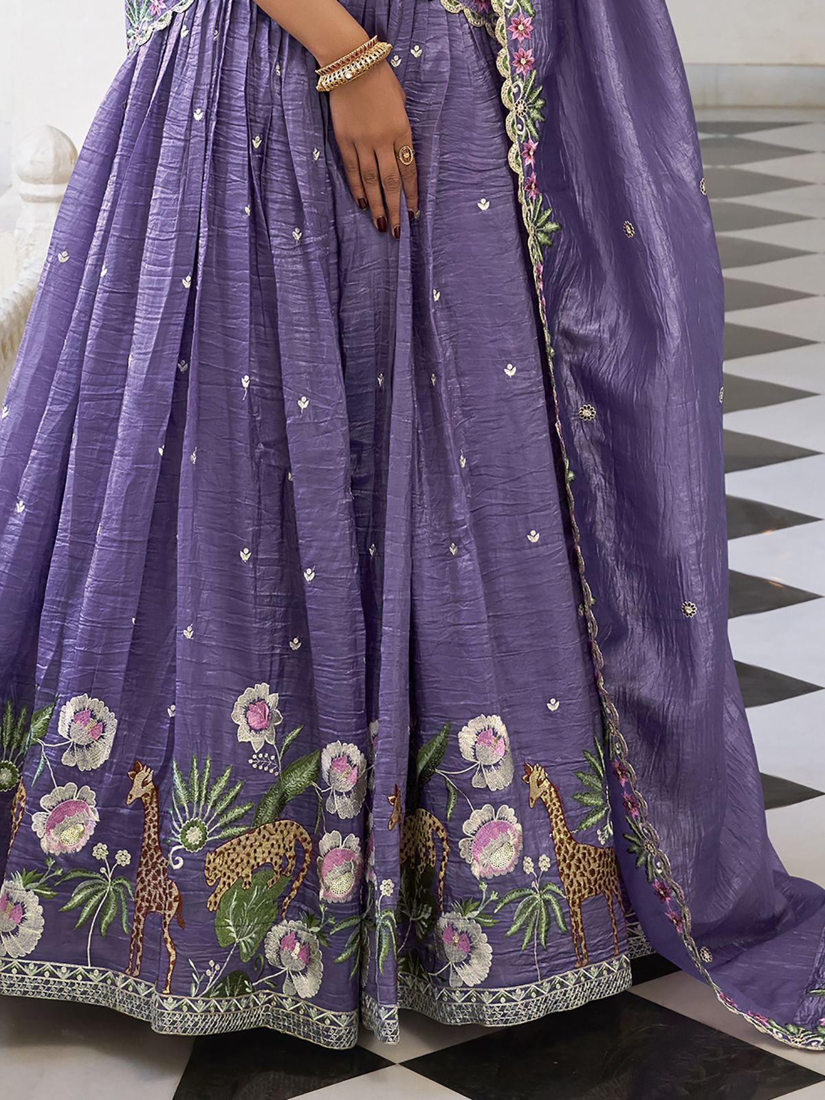 Purple sequins thread embroidered gold crush lehenga choli for wedding functions