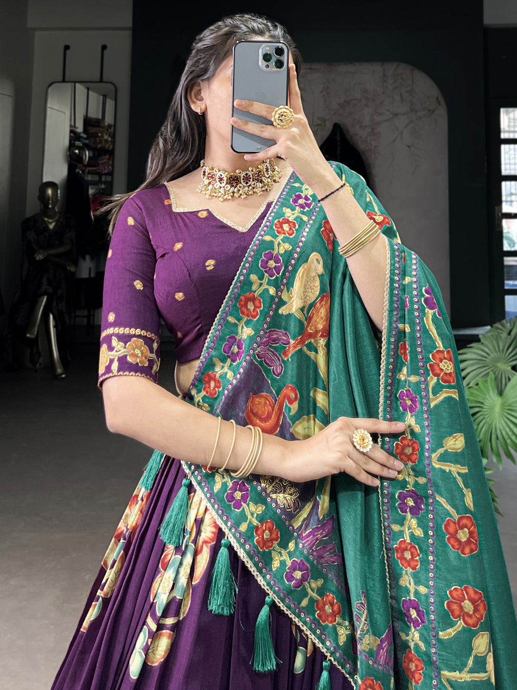 Purple tussar silk printed and foil work lehenga choli