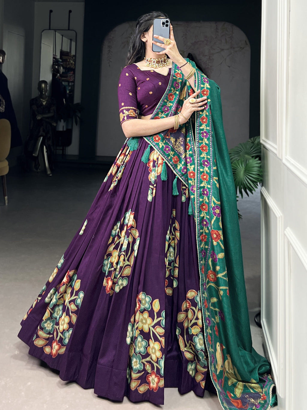 Purple tussar silk printed and foil work lehenga choli