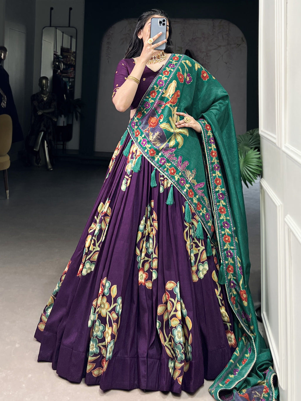 Purple tussar silk printed and foil work lehenga choli