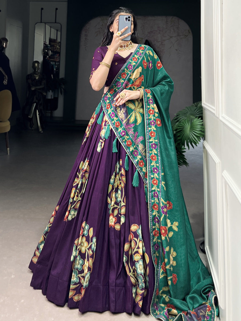 Purple tussar silk printed and foil work lehenga choli
