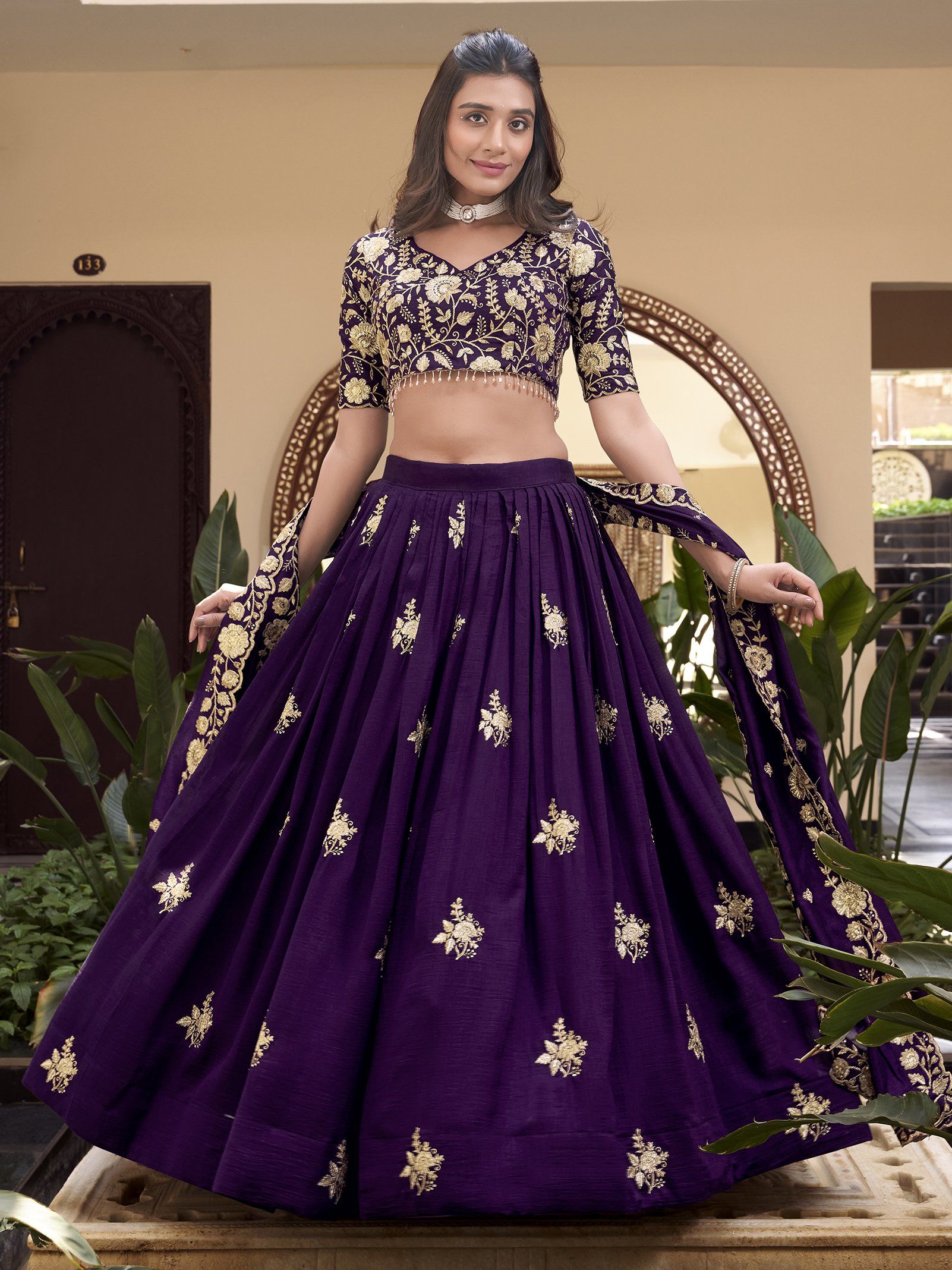 Purple Vichitra Silk Lehenga Choli with Pearl, Coding, and Sequins Embroidery Work 