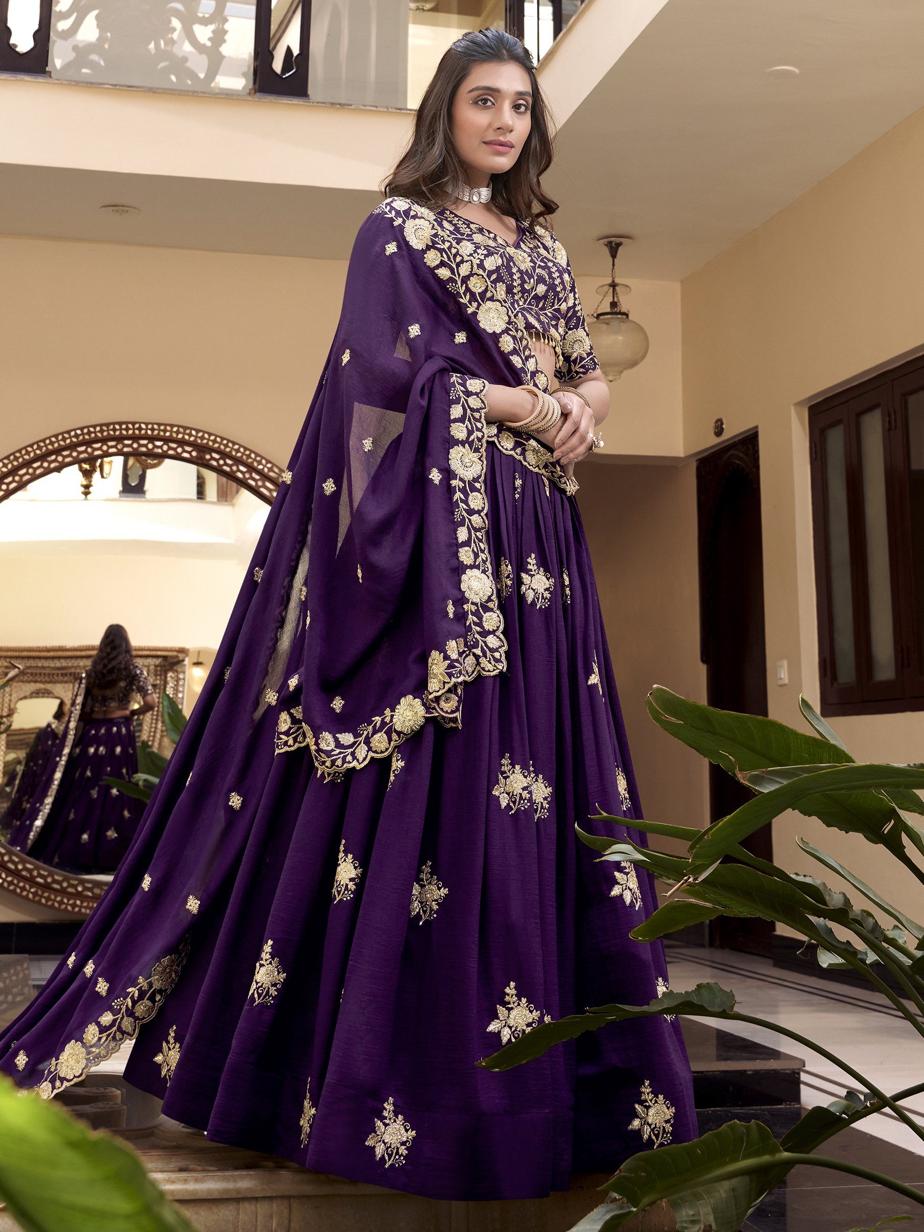 Purple Vichitra Silk Lehenga Choli with Pearl, Coding, and Sequins Embroidery Work – Elegant Ethnic Wear for Weddings and Festive Occasions