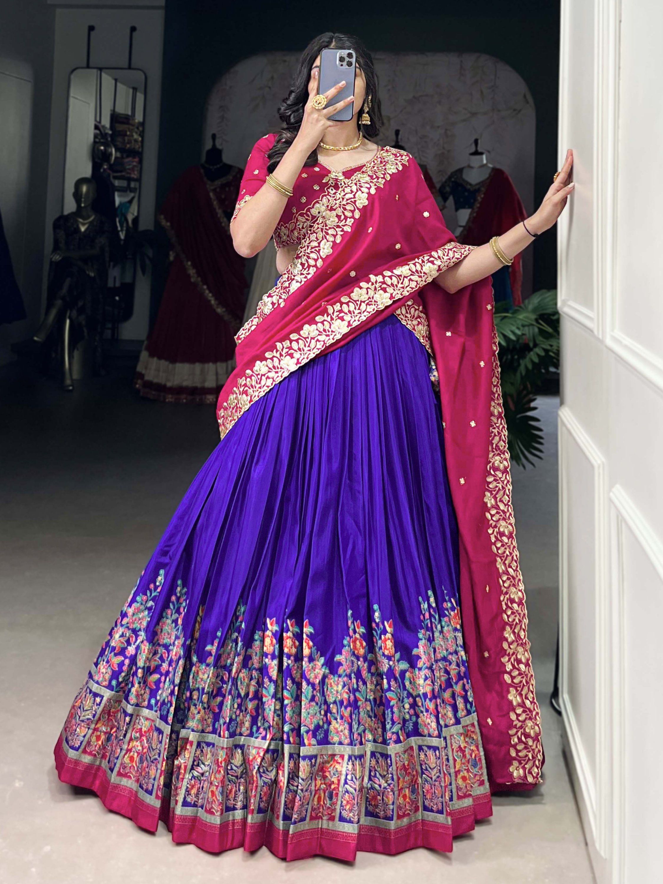 Purple Tussar silk lehenga with foil print and embroidered dupatta
