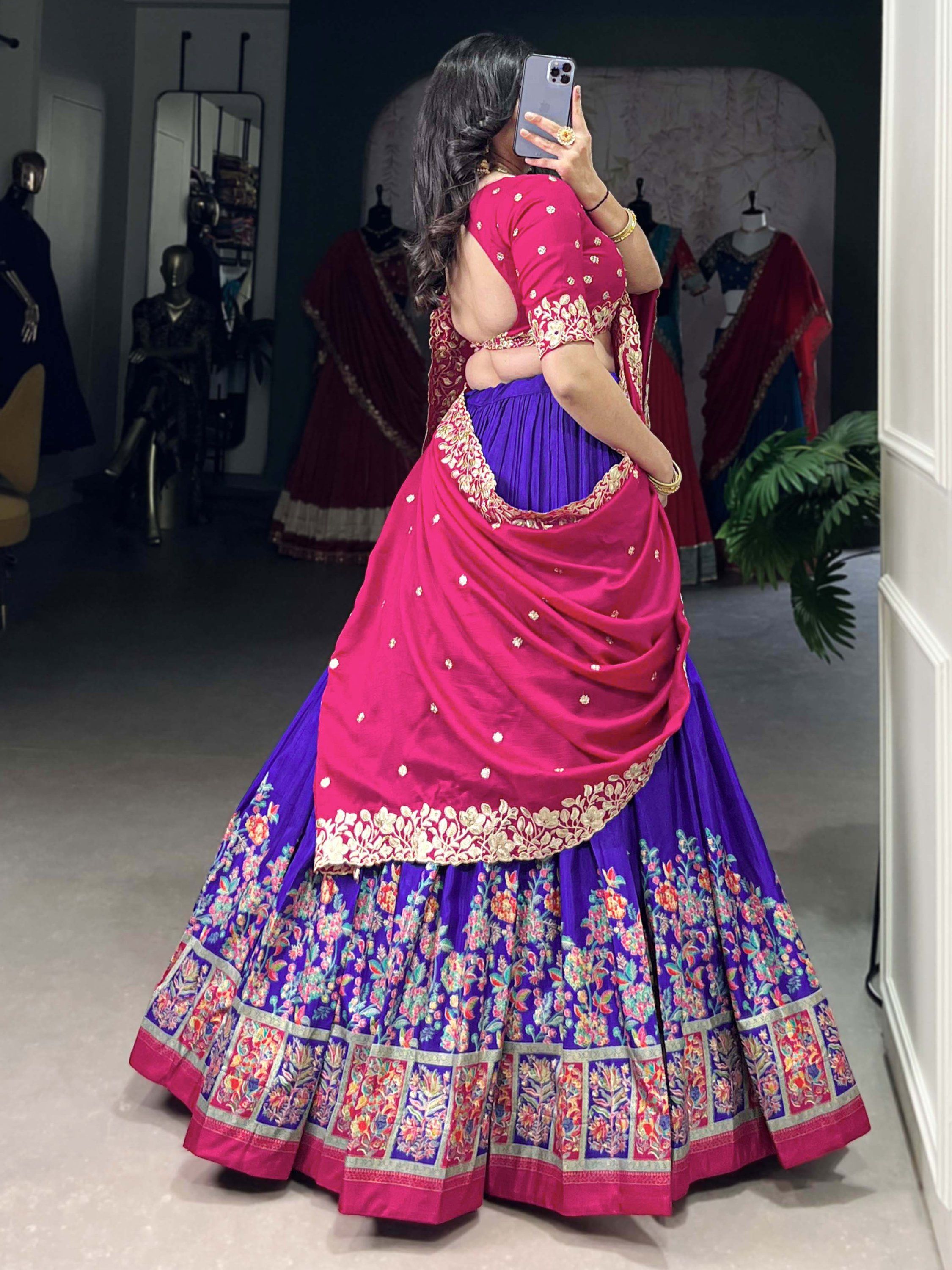 Purple Tussar silk lehenga with foil print and embroidered dupatta