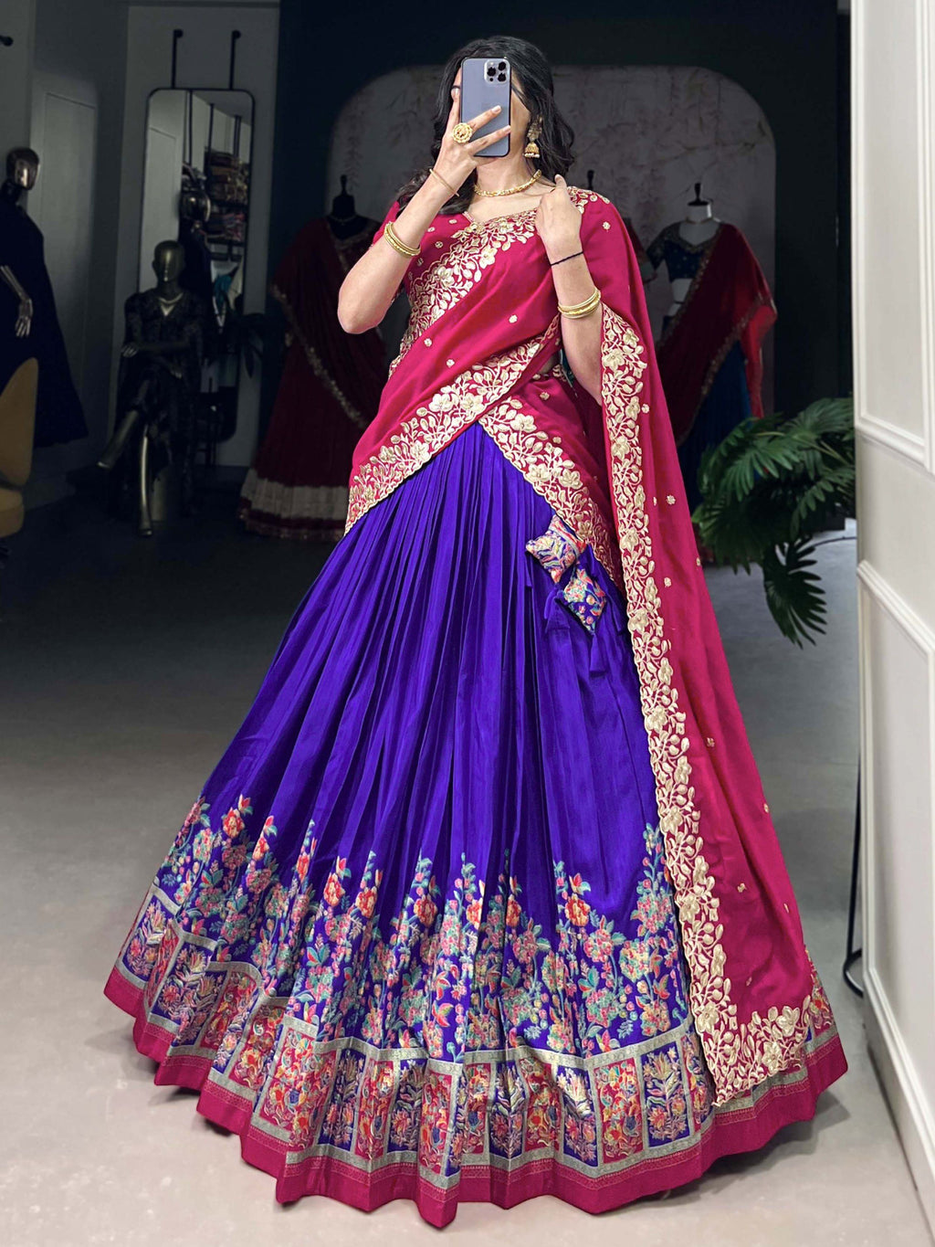Purple Tussar silk lehenga with foil print and embroidered dupatta