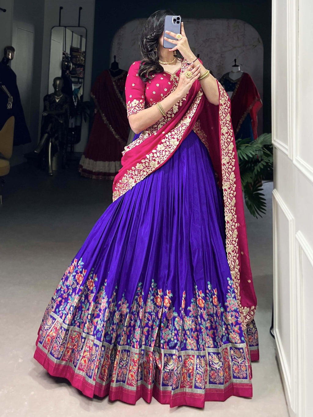 Purple Tussar silk lehenga with foil print and embroidered dupatta