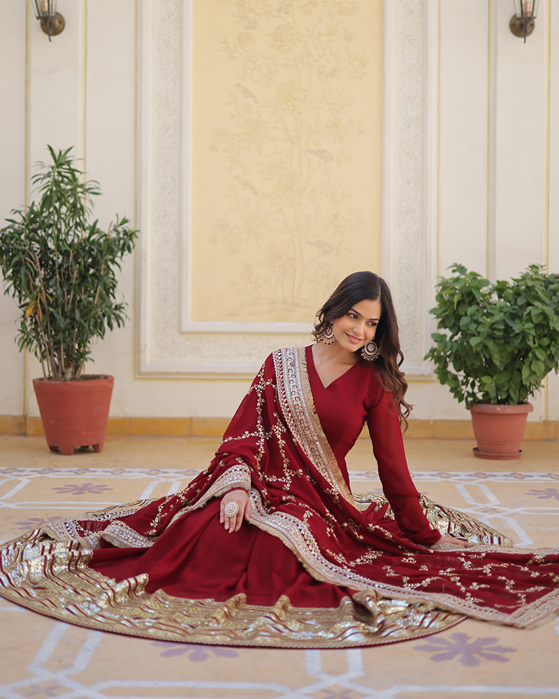Varahi Maroon Embroidered Anarkali Gown Set