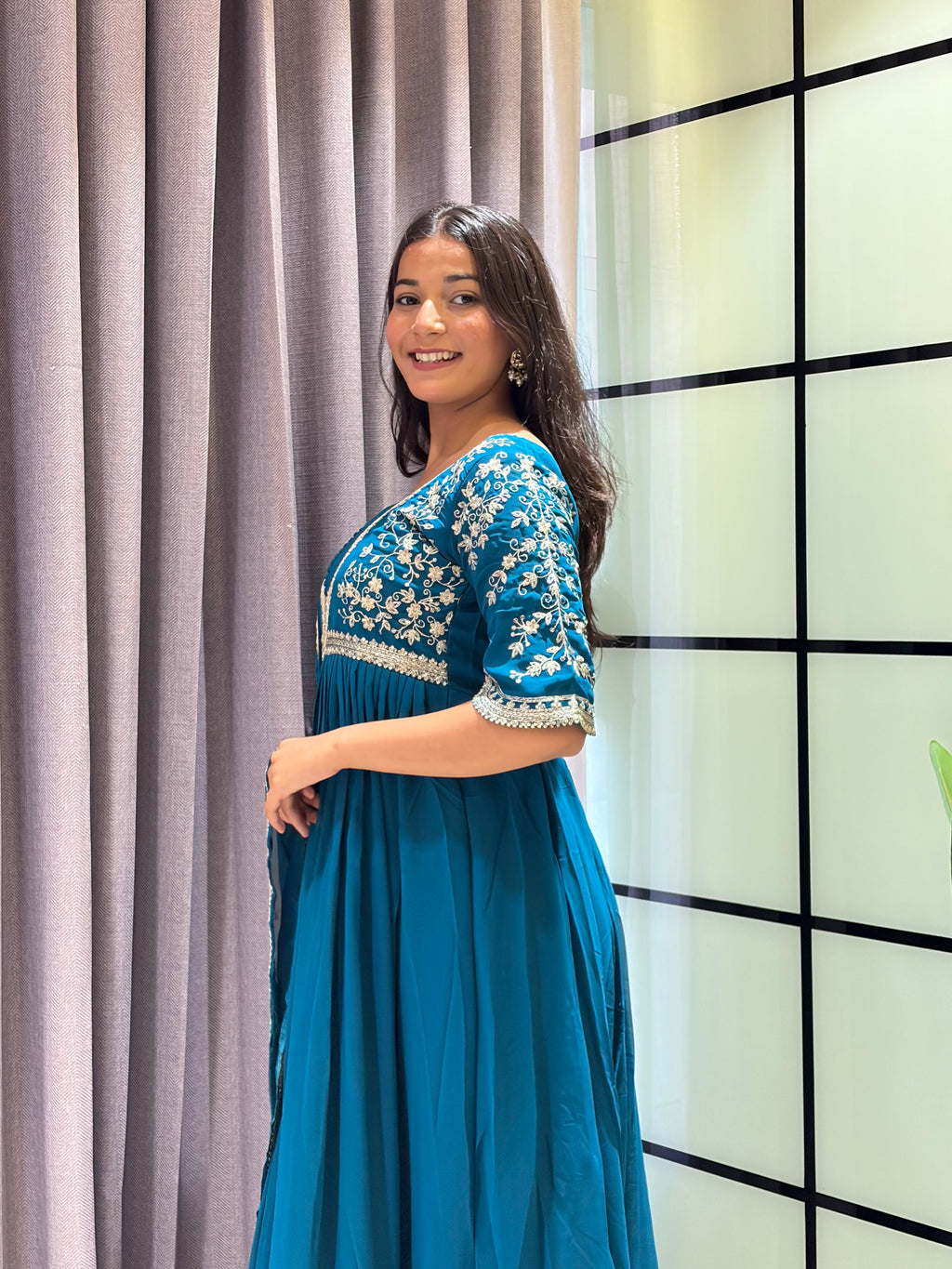 Royal Teal Blue Embroidered Anarkali Gown with Elegant Mirror Lace Border and Floral Embroidered Dupatta