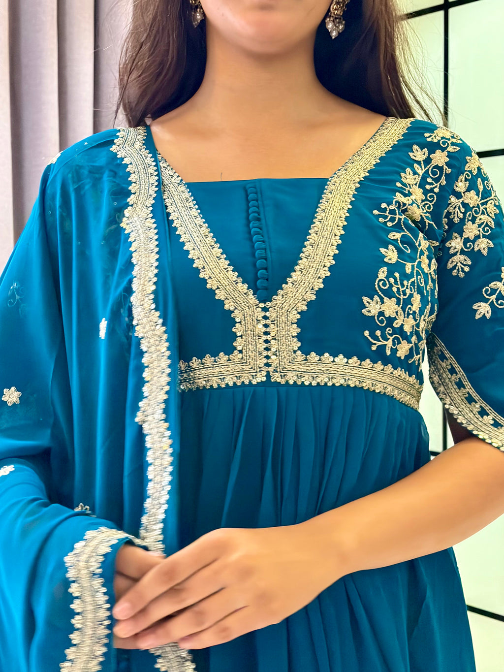 Royal Teal Blue Embroidered Anarkali Gown with Elegant Mirror Lace Border and Floral Embroidered Dupatta