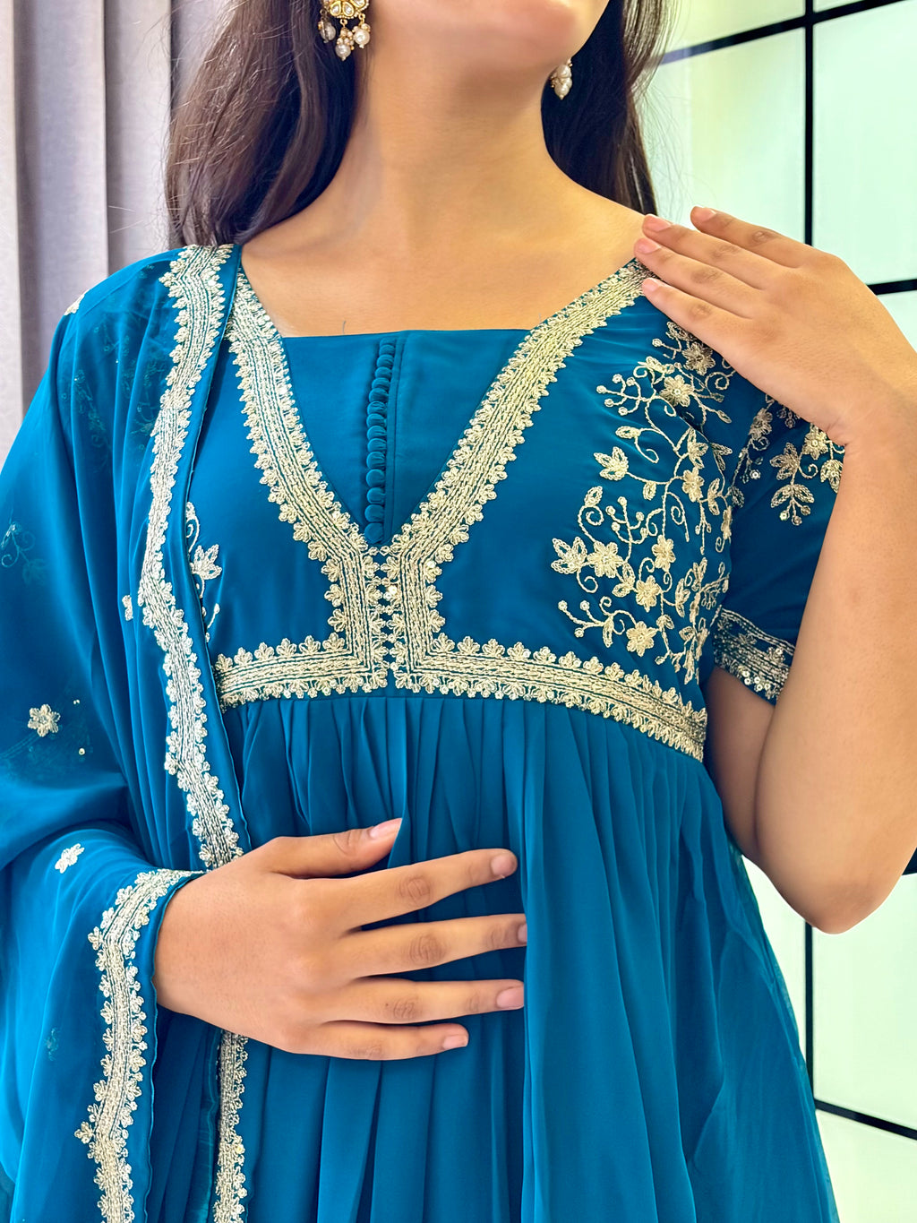 Royal Teal Blue Embroidered Anarkali Gown with Elegant Mirror Lace Border and Floral Embroidered Dupatta