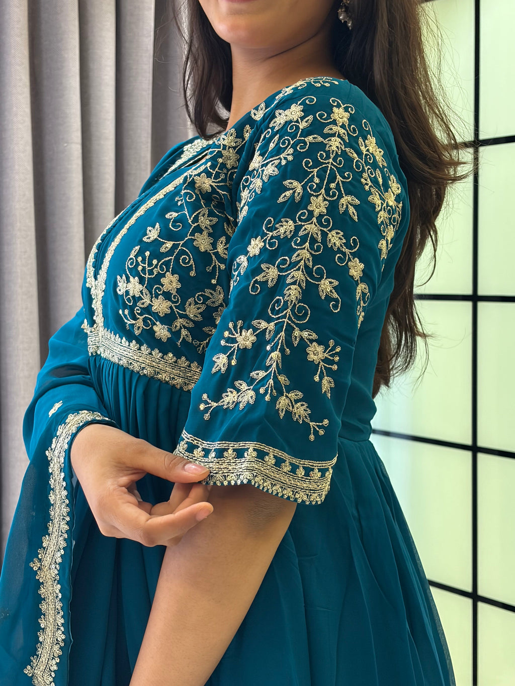 Royal Teal Blue Embroidered Anarkali Gown with Elegant Mirror Lace Border and Floral Embroidered Dupatta