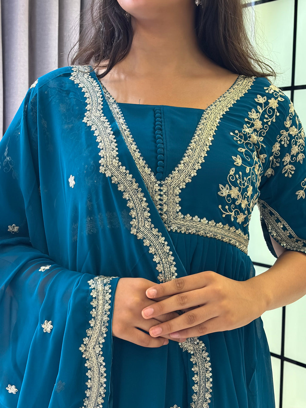 Royal Teal Blue Embroidered Anarkali Gown with Elegant Mirror Lace Border and Floral Embroidered Dupatta
