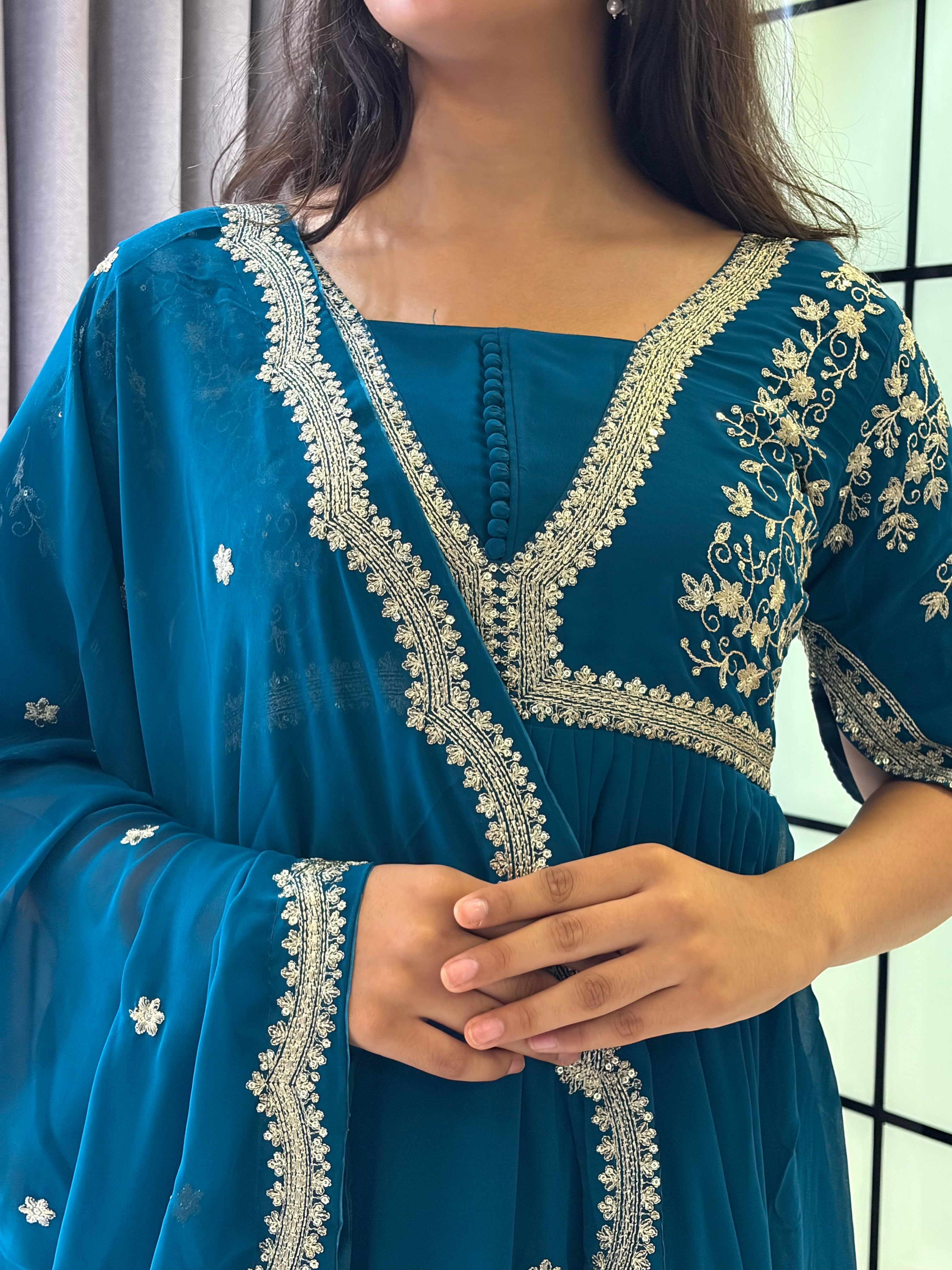 Royal Teal Blue Embroidered Anarkali Gown with Elegant Mirror Lace Border and Floral Embroidered Dupatta