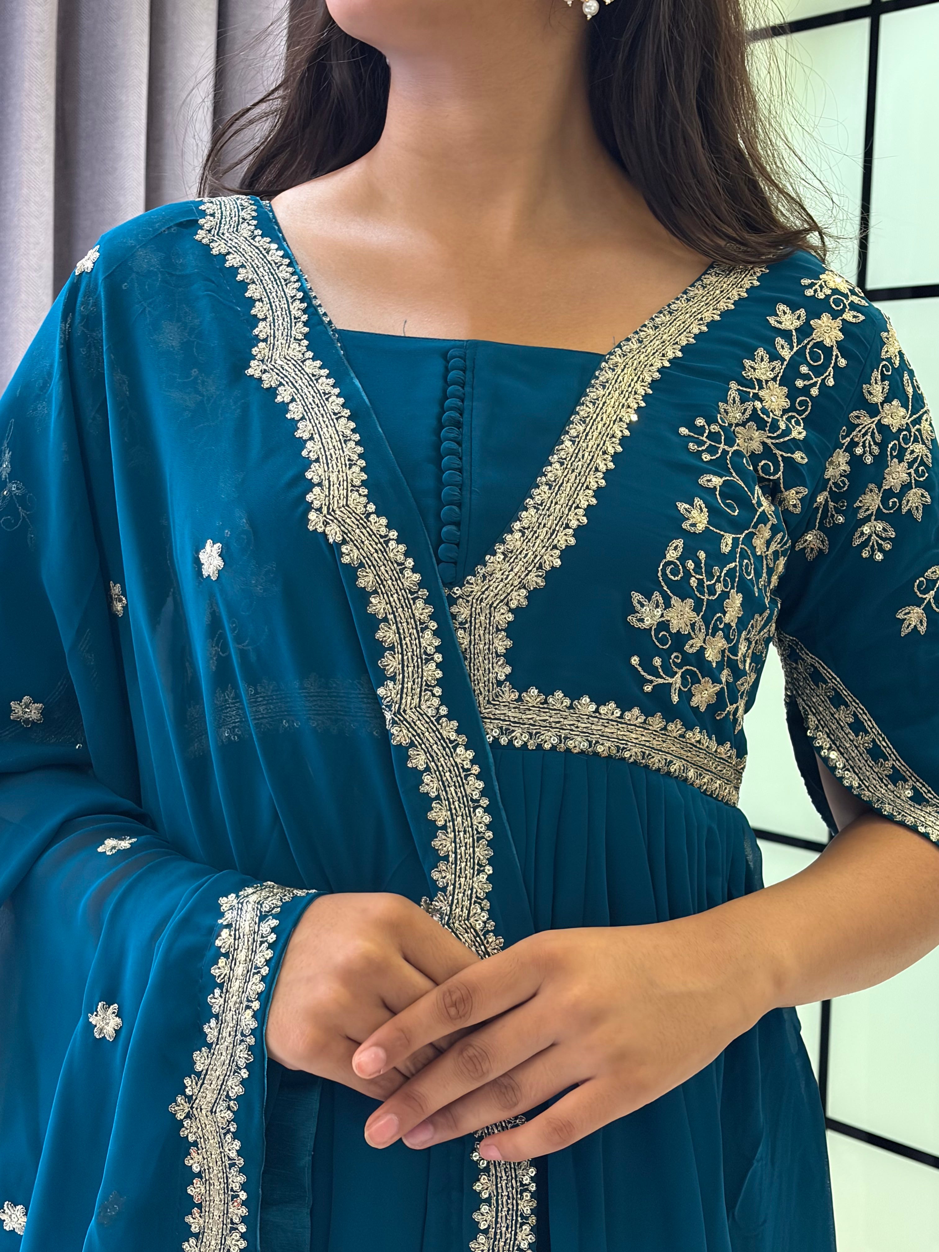 Royal Teal Blue Embroidered Anarkali Gown with Elegant Mirror Lace Border and Floral Embroidered Dupatta