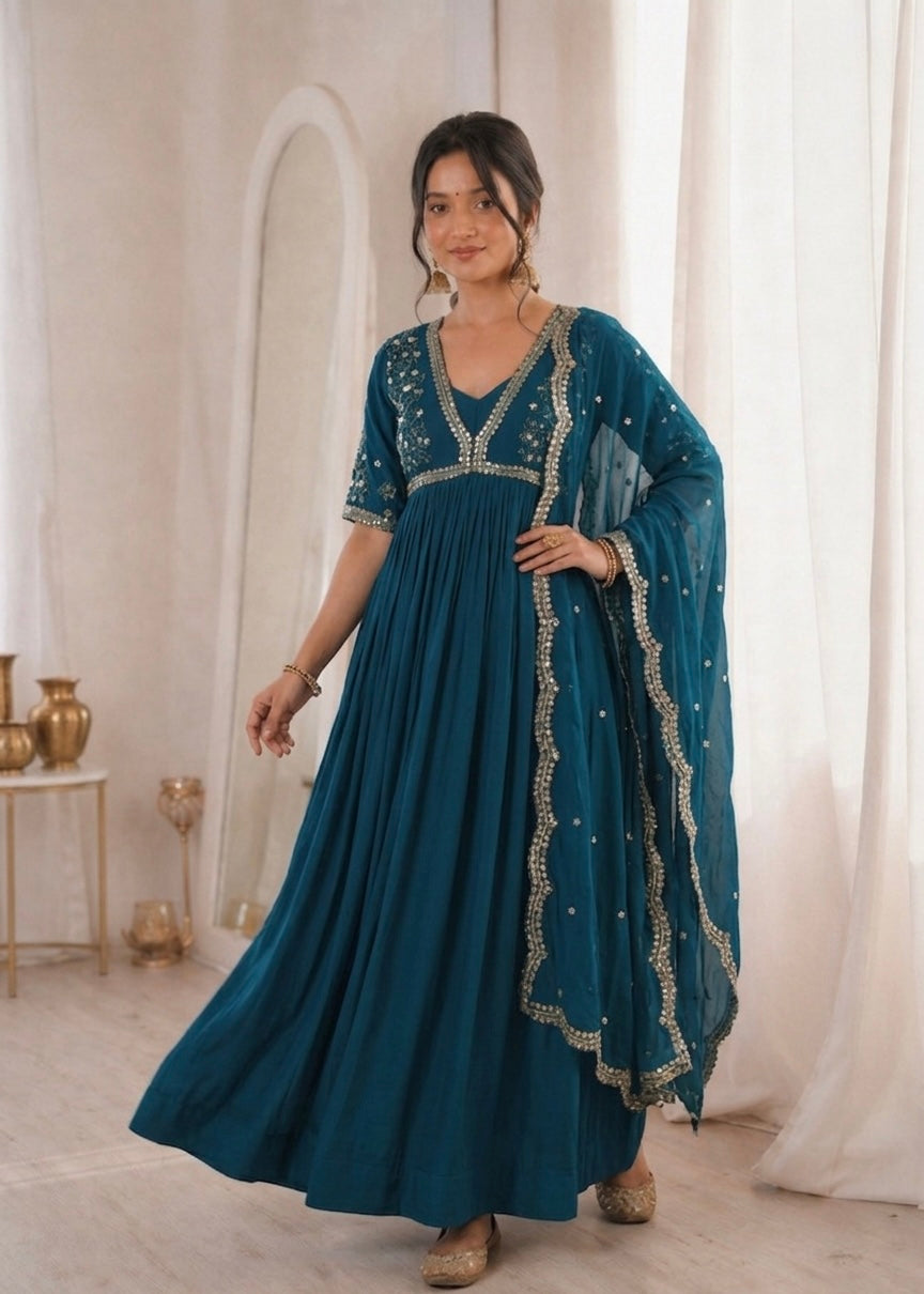 Royal Teal Blue Embroidered Anarkali Gown with Elegant Mirror Lace Border and Floral Embroidered Dupatta