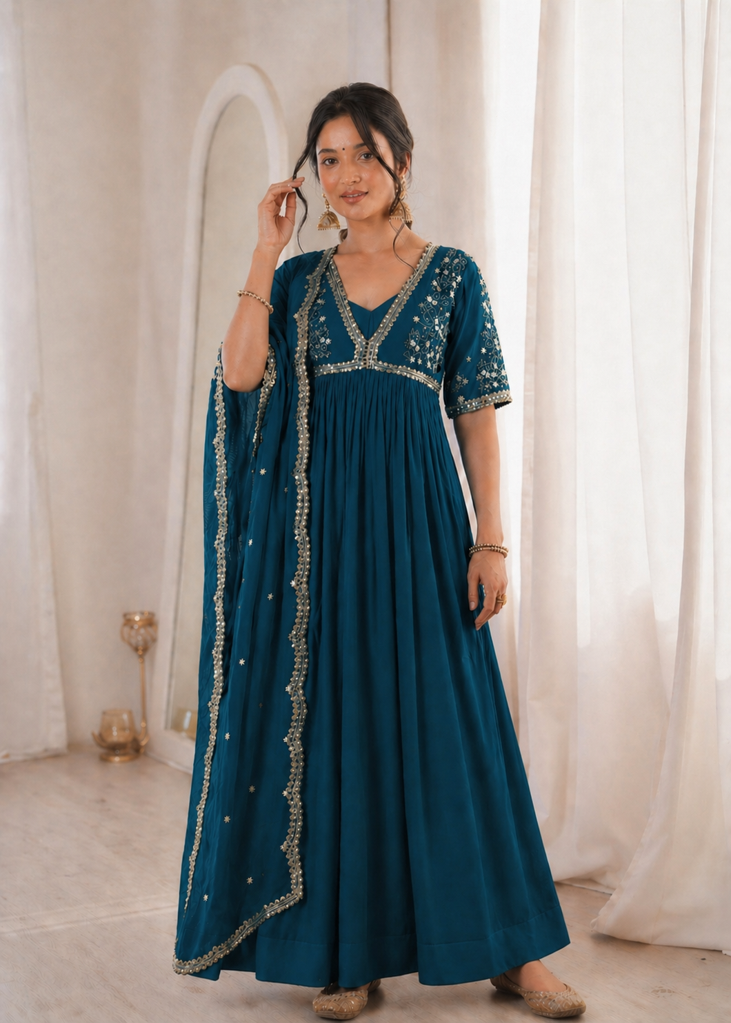 Royal Teal Blue Embroidered Anarkali Gown with Elegant Mirror Lace Border and Floral Embroidered Dupatta