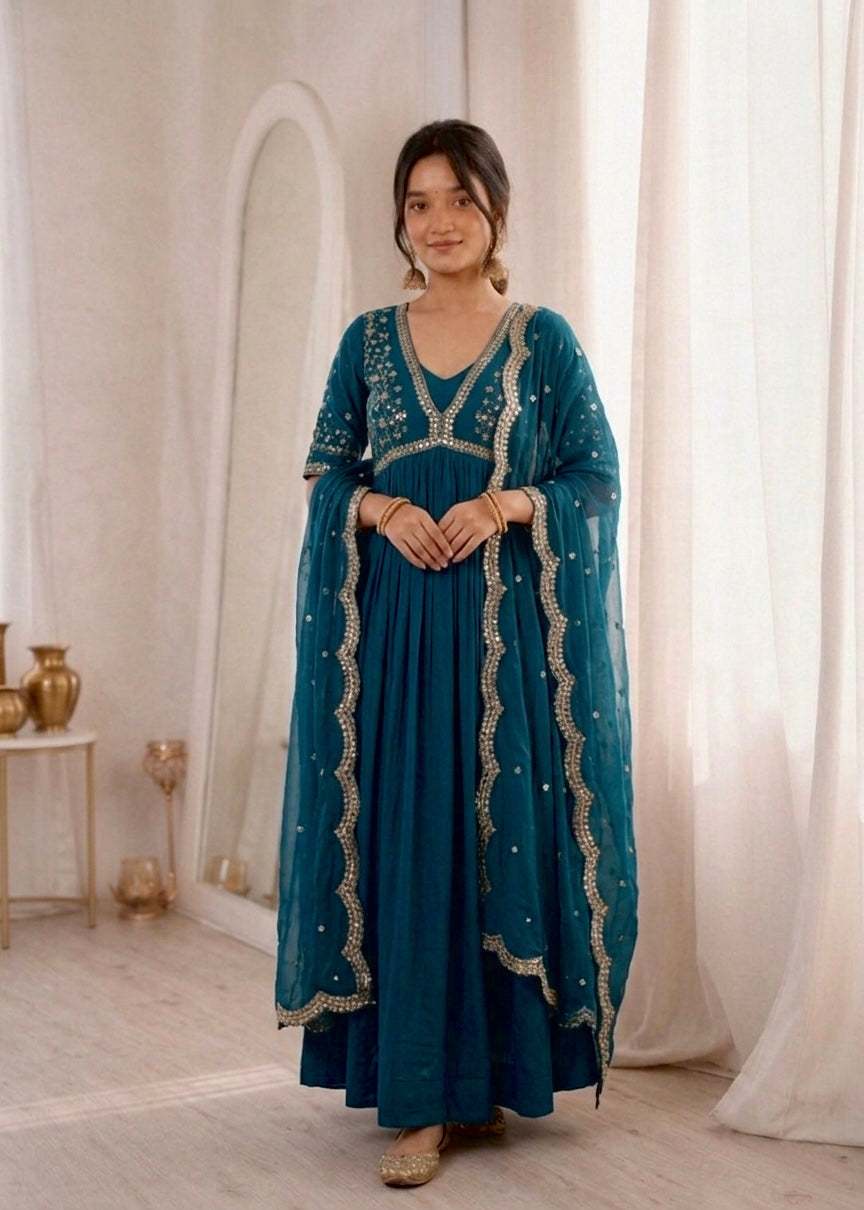 Royal Teal Blue Embroidered Anarkali Gown with Elegant Mirror Lace Border and Floral Embroidered Dupatta