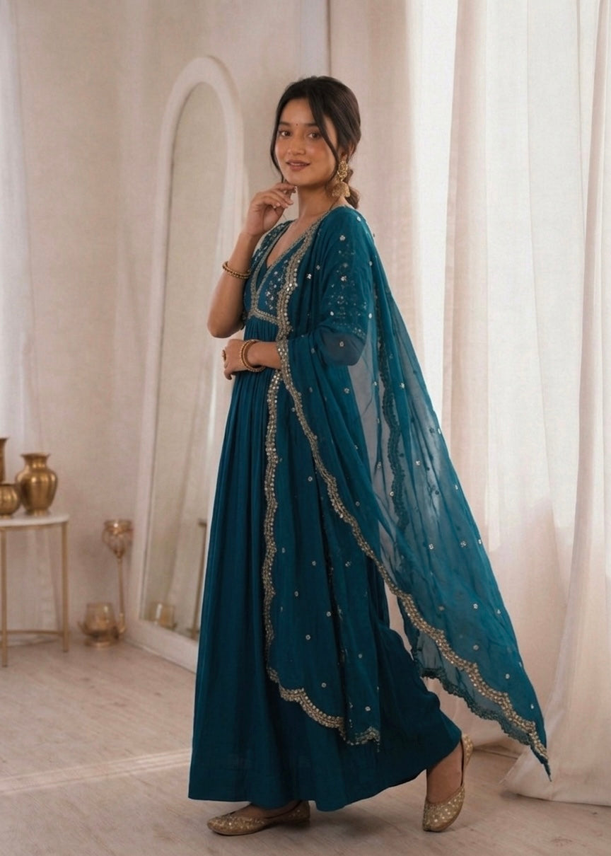 Royal Teal Blue Embroidered Anarkali Gown with Elegant Mirror Lace Border and Floral Embroidered Dupatta
