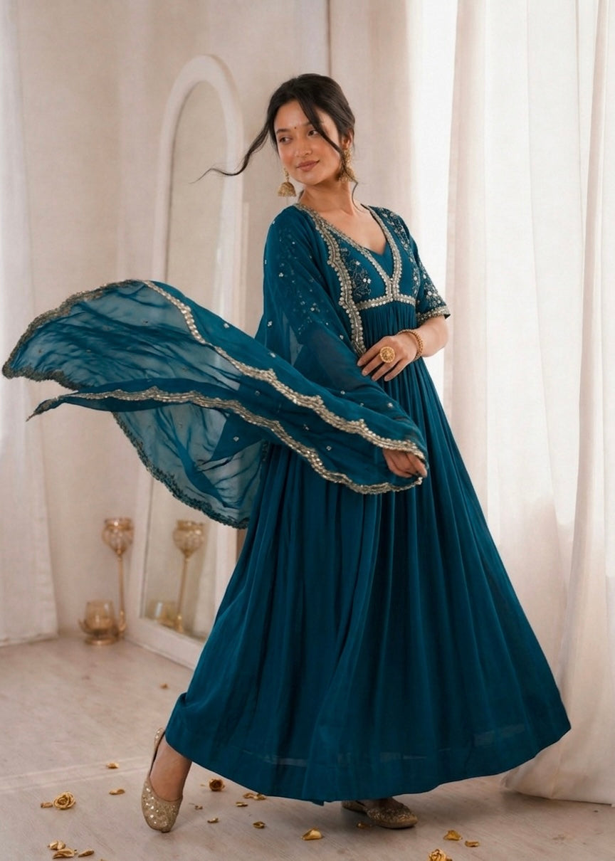 Royal Teal Blue Embroidered Anarkali Gown with Elegant Mirror Lace Border and Floral Embroidered Dupatta