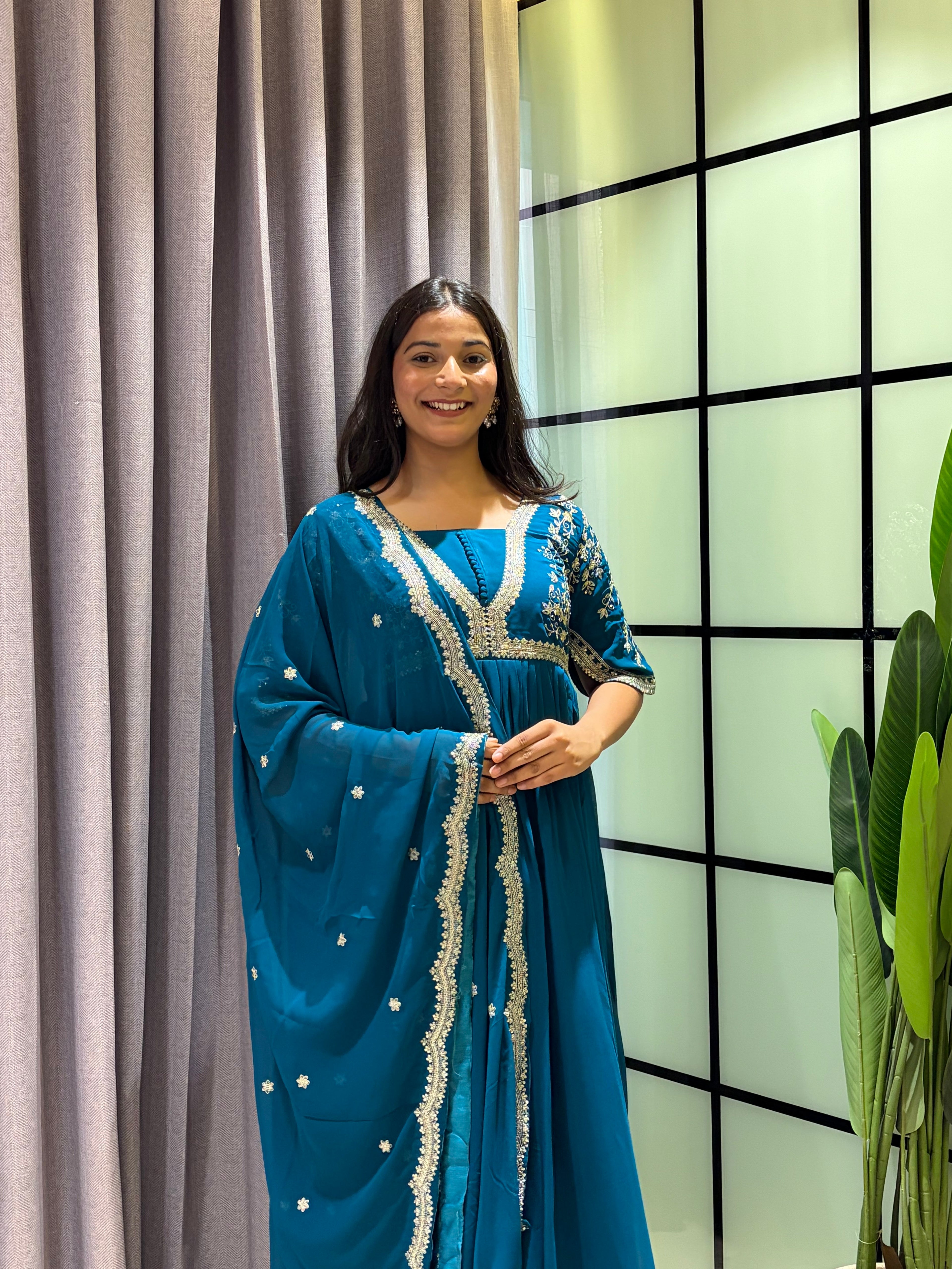 Royal Teal Blue Embroidered Anarkali Gown with Elegant Mirror Lace Border and Floral Embroidered Dupatta
