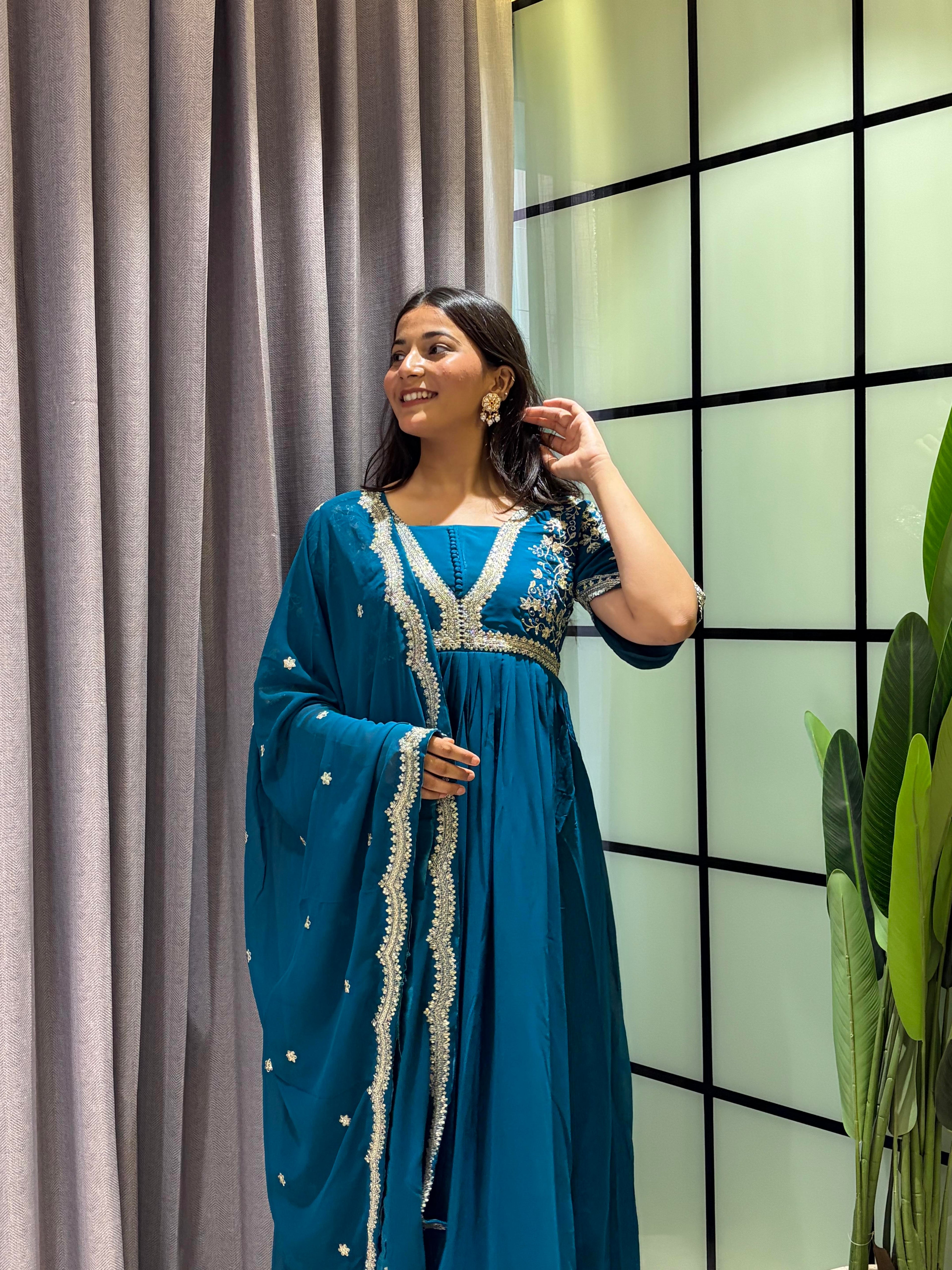 Royal Teal Blue Embroidered Anarkali Gown with Elegant Mirror Lace Border and Floral Embroidered Dupatta