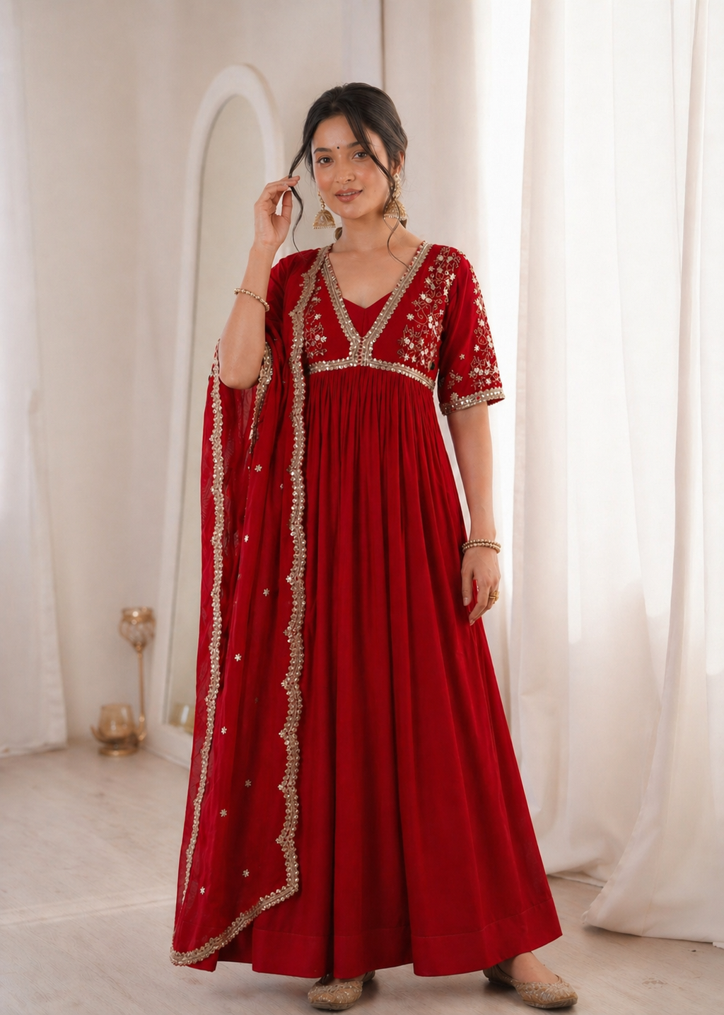 Royal Ruby Red Embroidered Anarkali Gown with Elegant Gold Lace Border and Floral Sleeve Detailing