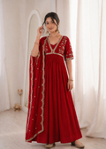 Royal Ruby Red Embroidered Anarkali Gown with Elegant Gold Lace Border and Floral Sleeve Detailing