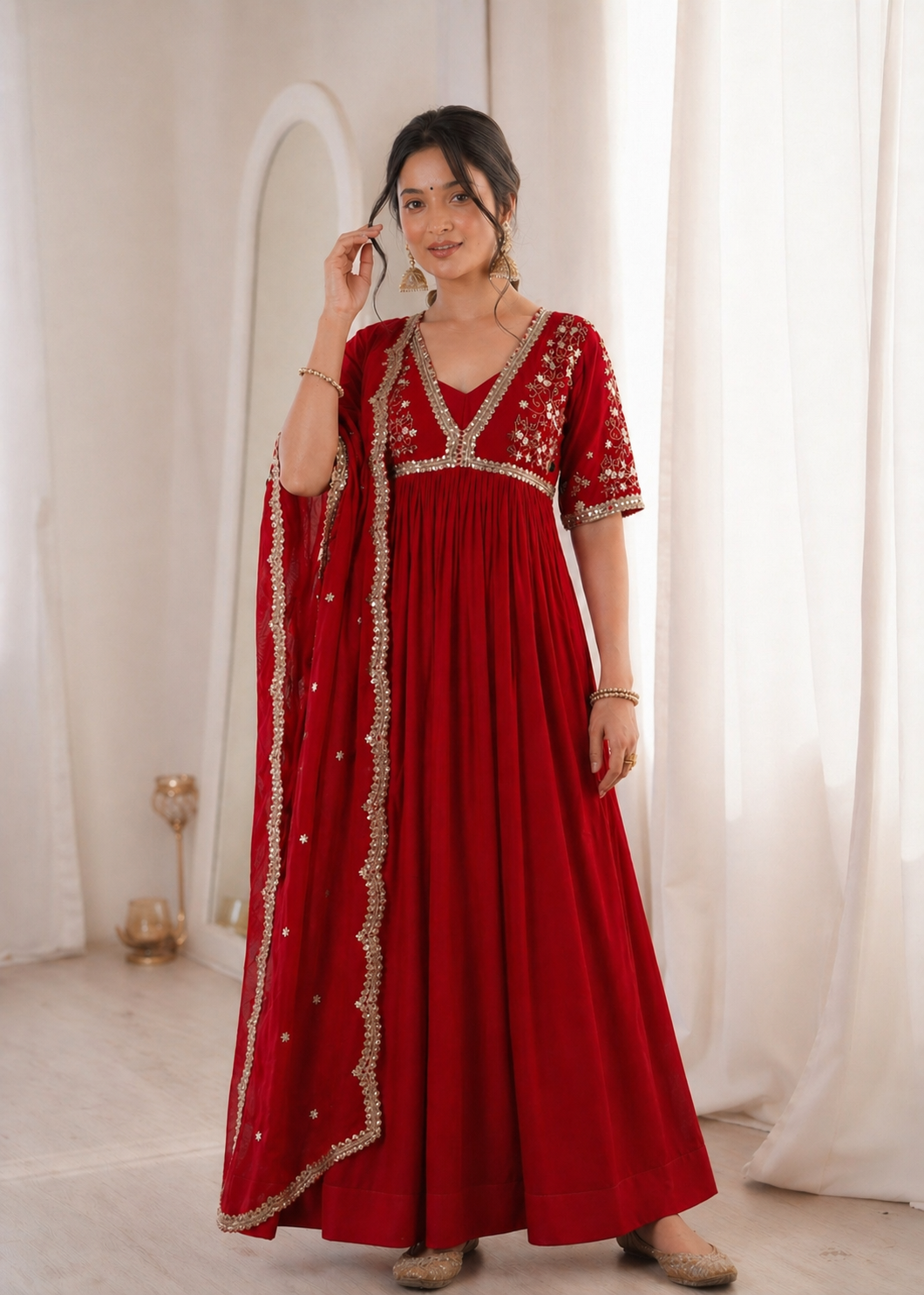 Royal Ruby Red Embroidered Anarkali Gown with Elegant Gold Lace Border and Floral Sleeve Detailing
