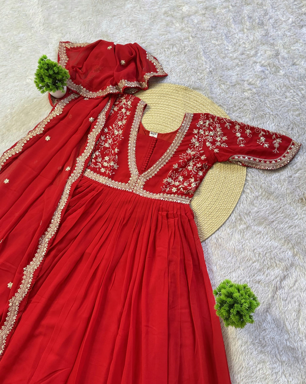 Royal Ruby Red Embroidered Anarkali Gown with Elegant Gold Lace Border and Floral Sleeve Detailing