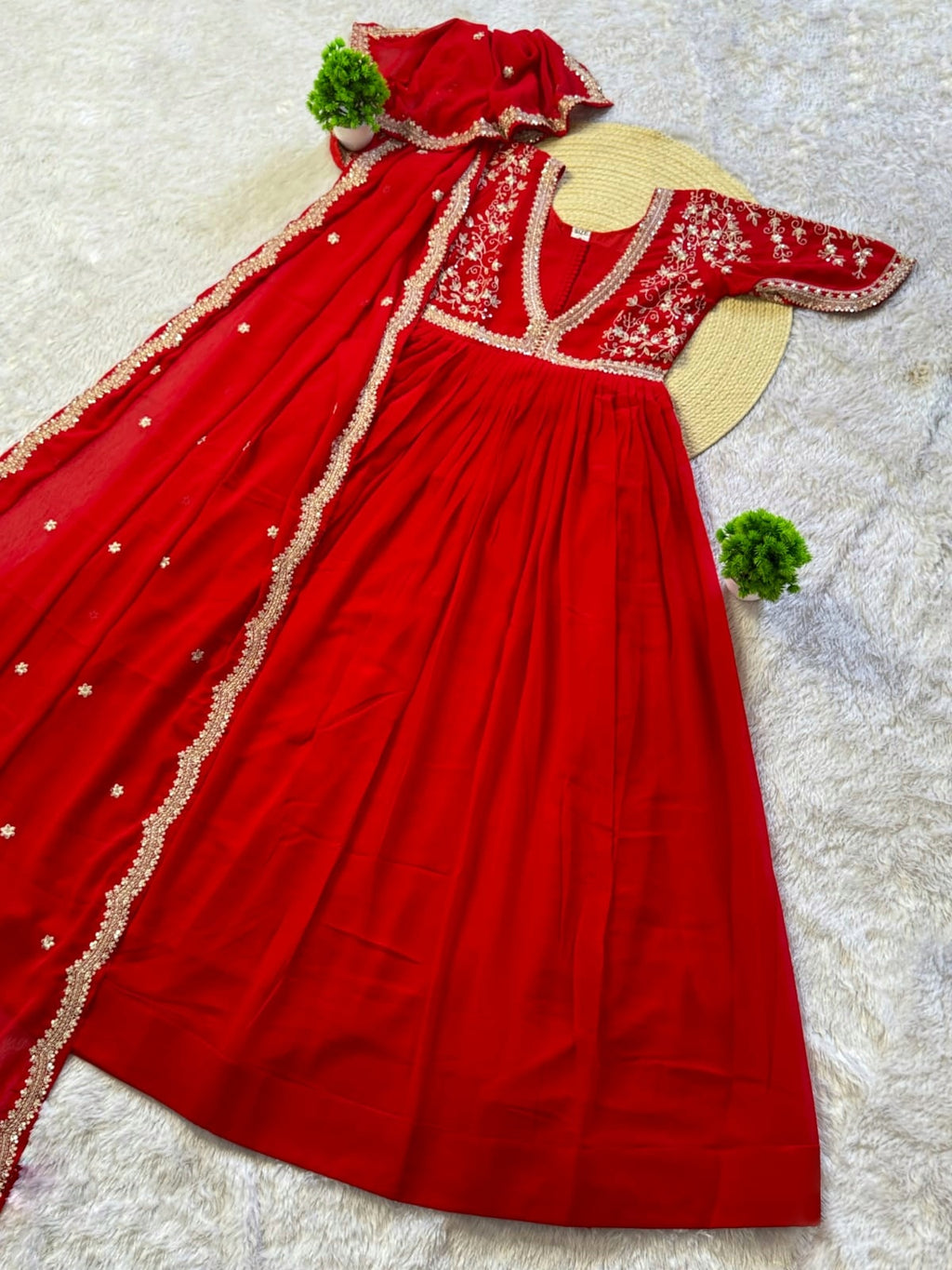 Royal Ruby Red Embroidered Anarkali Gown with Elegant Gold Lace Border and Floral Sleeve Detailing