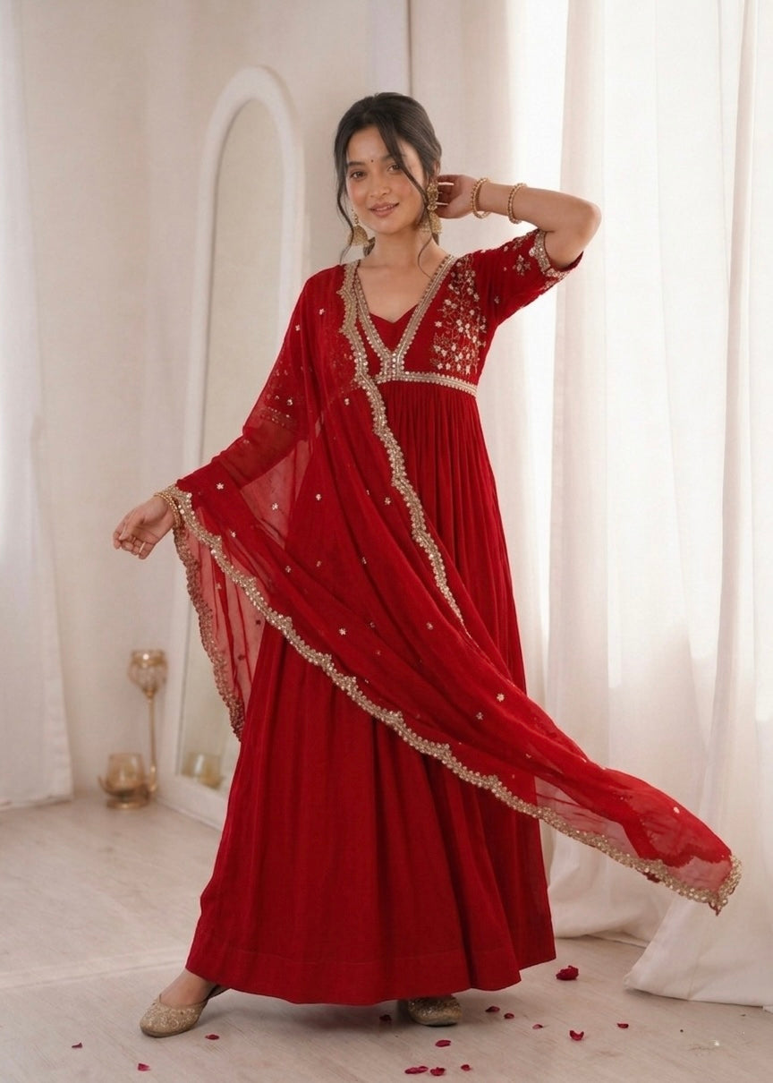 Royal Ruby Red Embroidered Anarkali Gown with Elegant Gold Lace Border and Floral Sleeve Detailing