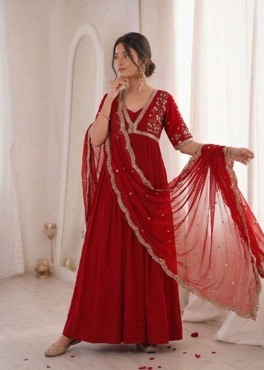 Royal Ruby Red Embroidered Anarkali Gown with Elegant Gold Lace Border and Floral Sleeve Detailing