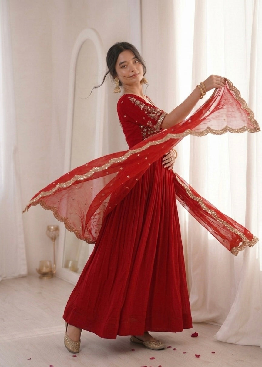 Royal Ruby Red Embroidered Anarkali Gown with Elegant Gold Lace Border and Floral Sleeve Detailing