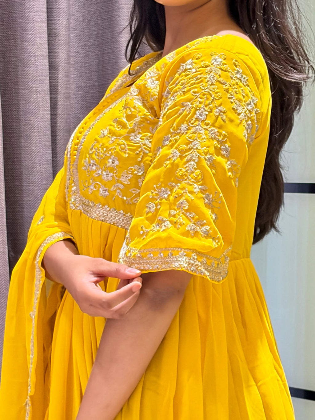 Sunshine Yellow Embroidered Anarkali Gown with Elegant Mirror Lace Border and Floral Embroidered Dupatta