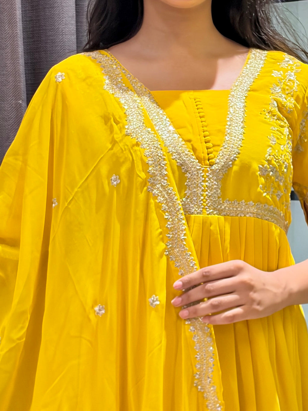 Sunshine Yellow Embroidered Anarkali Gown with Elegant Mirror Lace Border and Floral Embroidered Dupatta