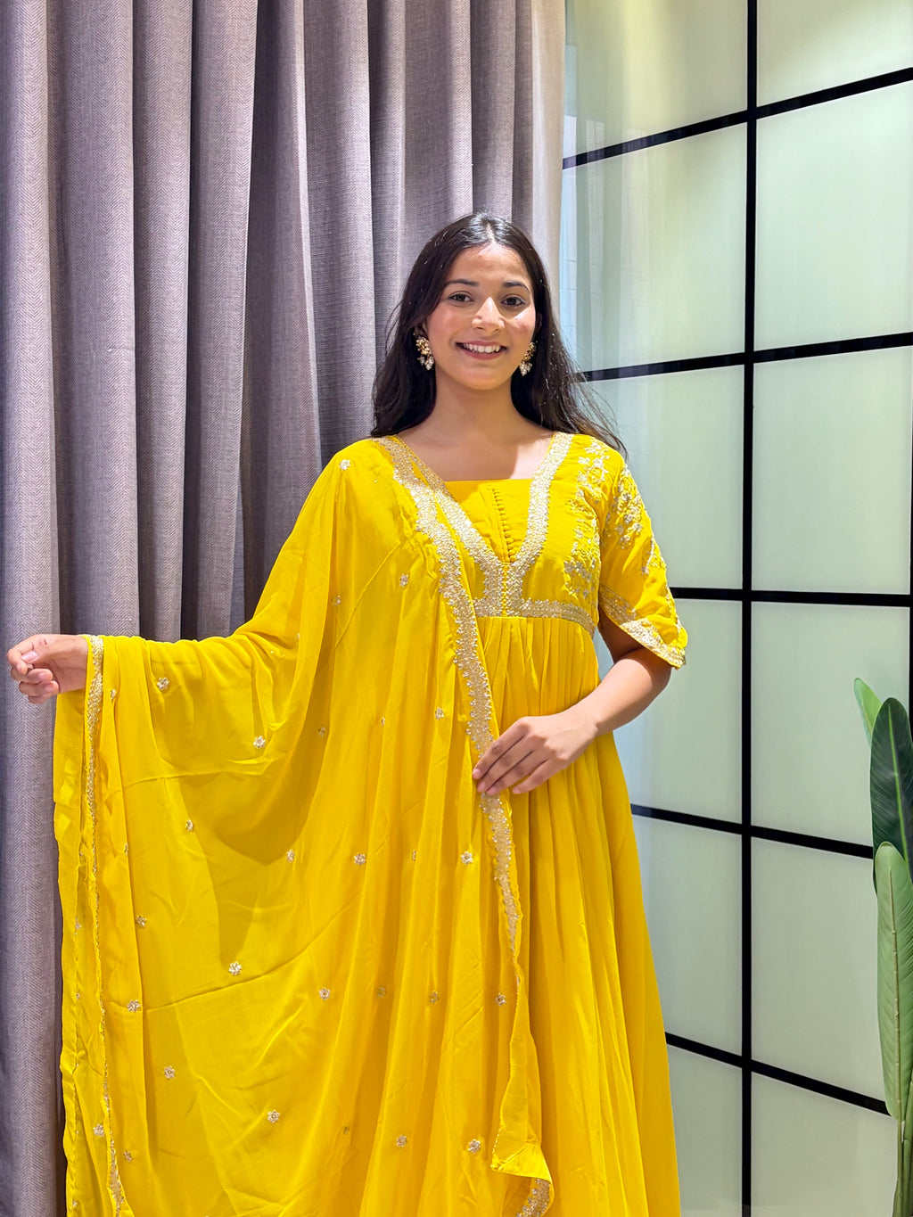 Sunshine Yellow Embroidered Anarkali Gown with Elegant Mirror Lace Border and Floral Embroidered Dupatta