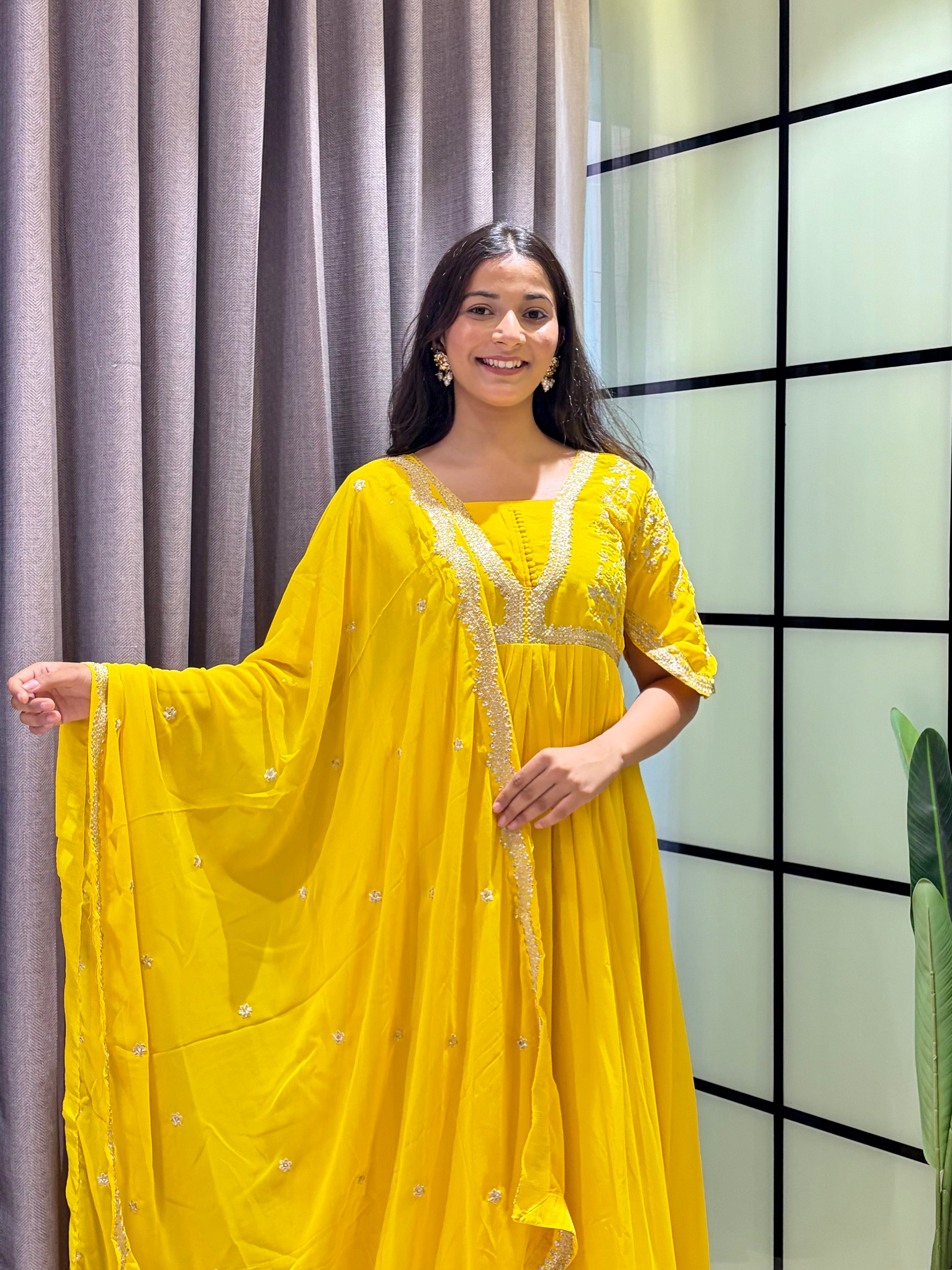 Sunshine Yellow Embroidered Anarkali Gown with Elegant Mirror Lace Border and Floral Embroidered Dupatta