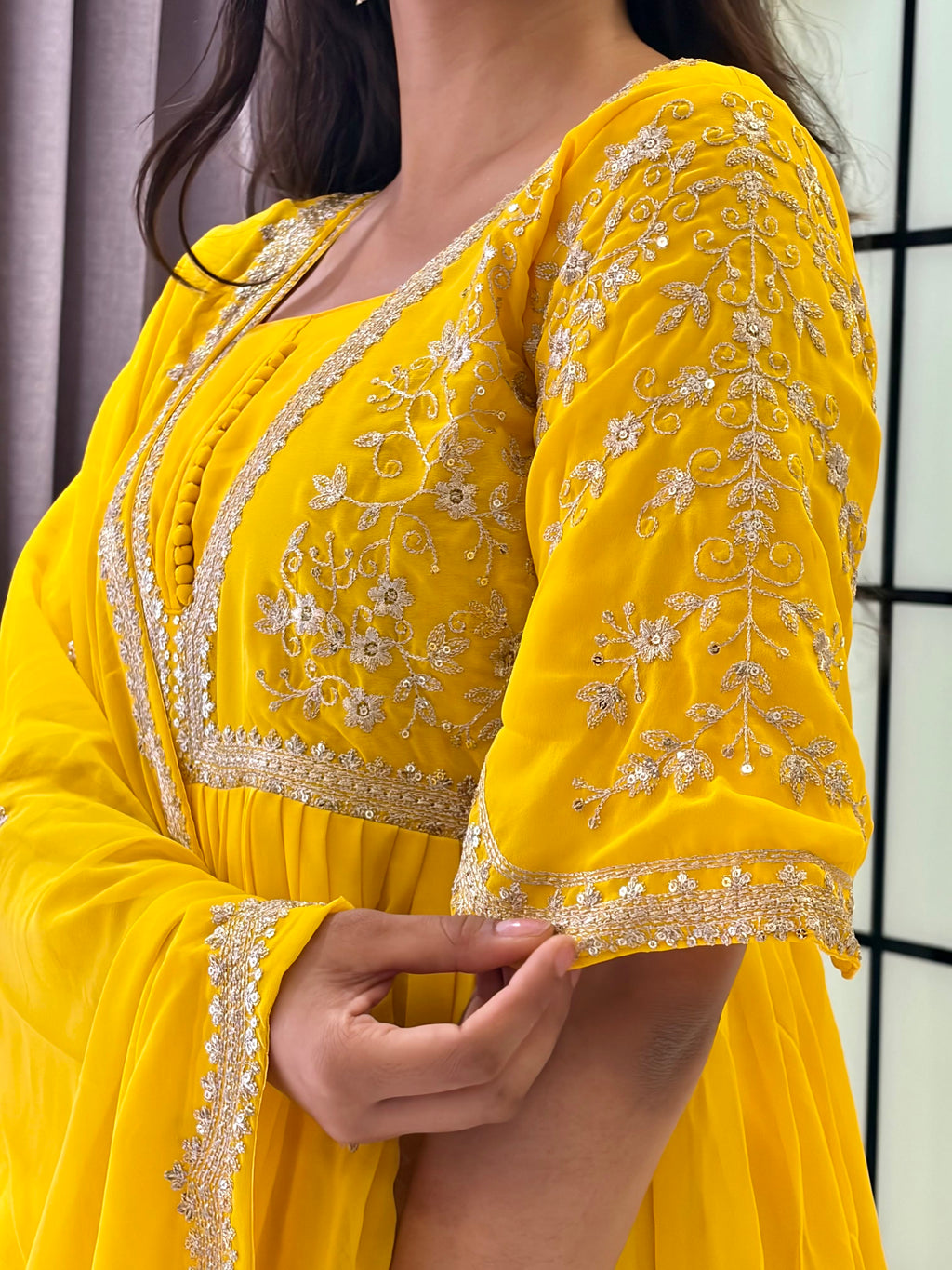 Sunshine Yellow Embroidered Anarkali Gown with Elegant Mirror Lace Border and Floral Embroidered Dupatta