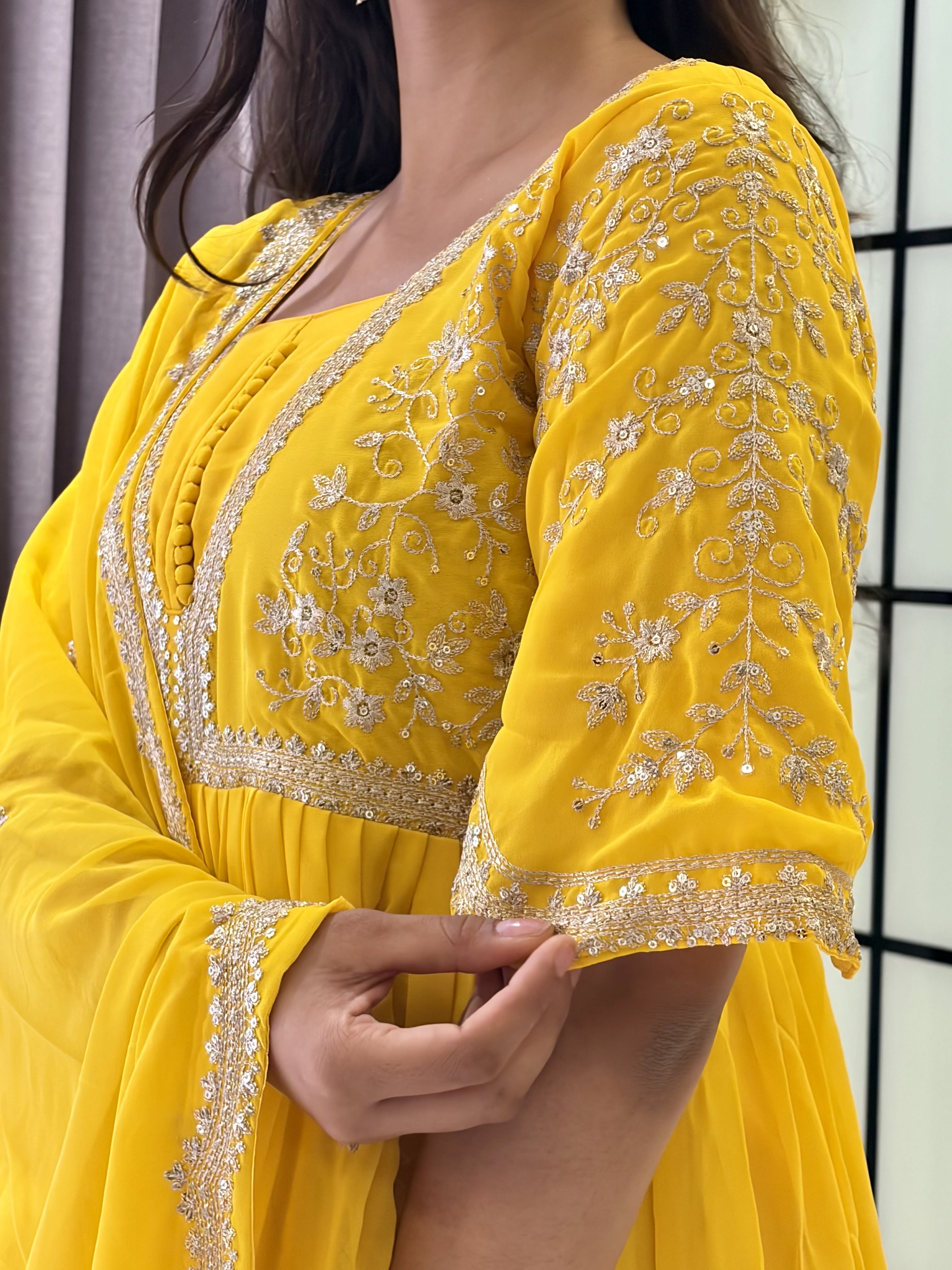 Sunshine Yellow Embroidered Anarkali Gown with Elegant Mirror Lace Border and Floral Embroidered Dupatta