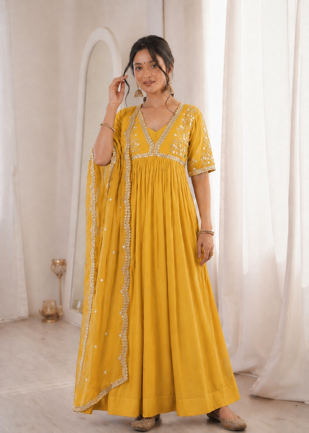 Sunshine Yellow Embroidered Anarkali Gown with Elegant Mirror Lace Border and Floral Embroidered Dupatta