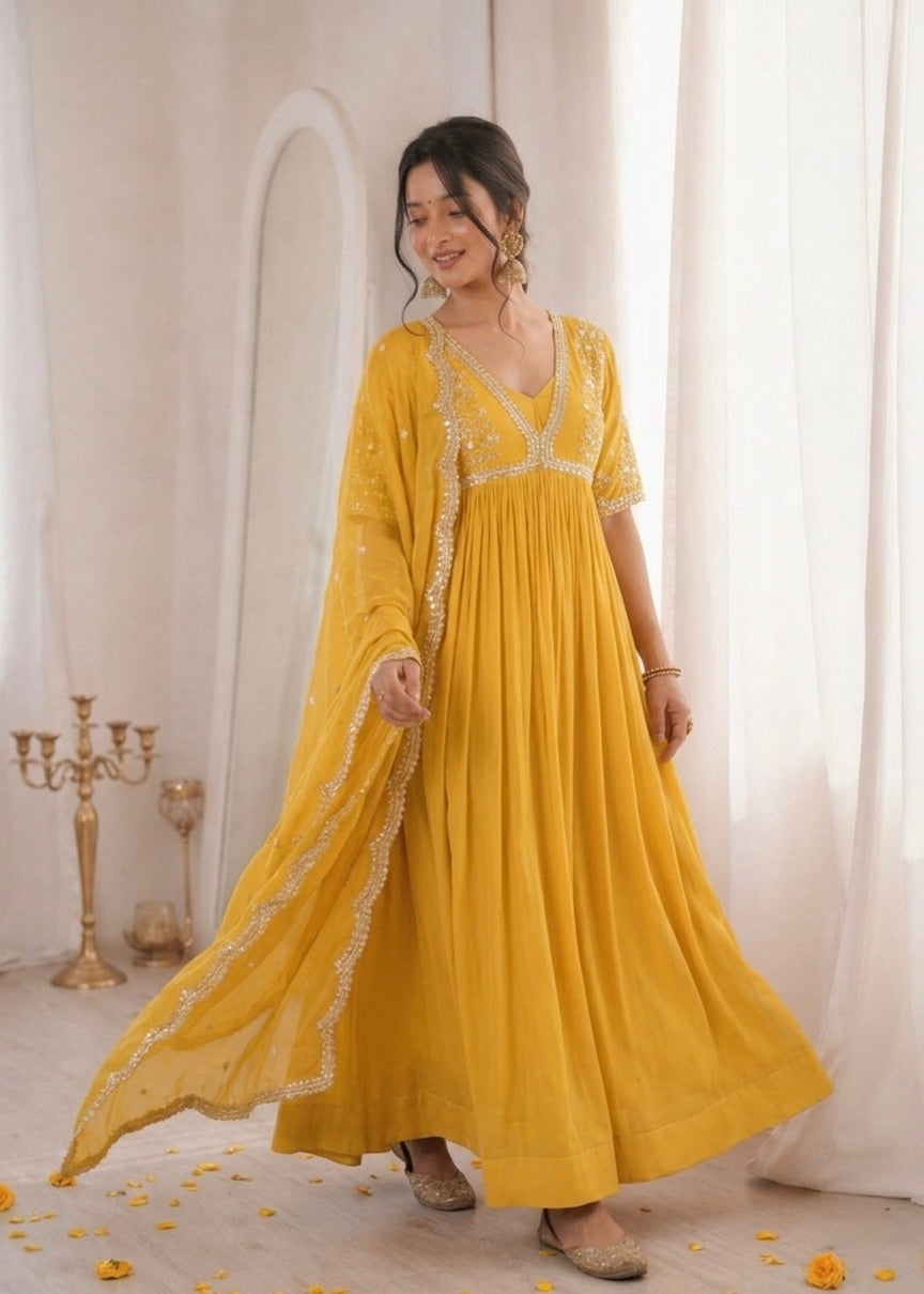 Sunshine Yellow Embroidered Anarkali Gown with Elegant Mirror Lace Border and Floral Embroidered Dupatta