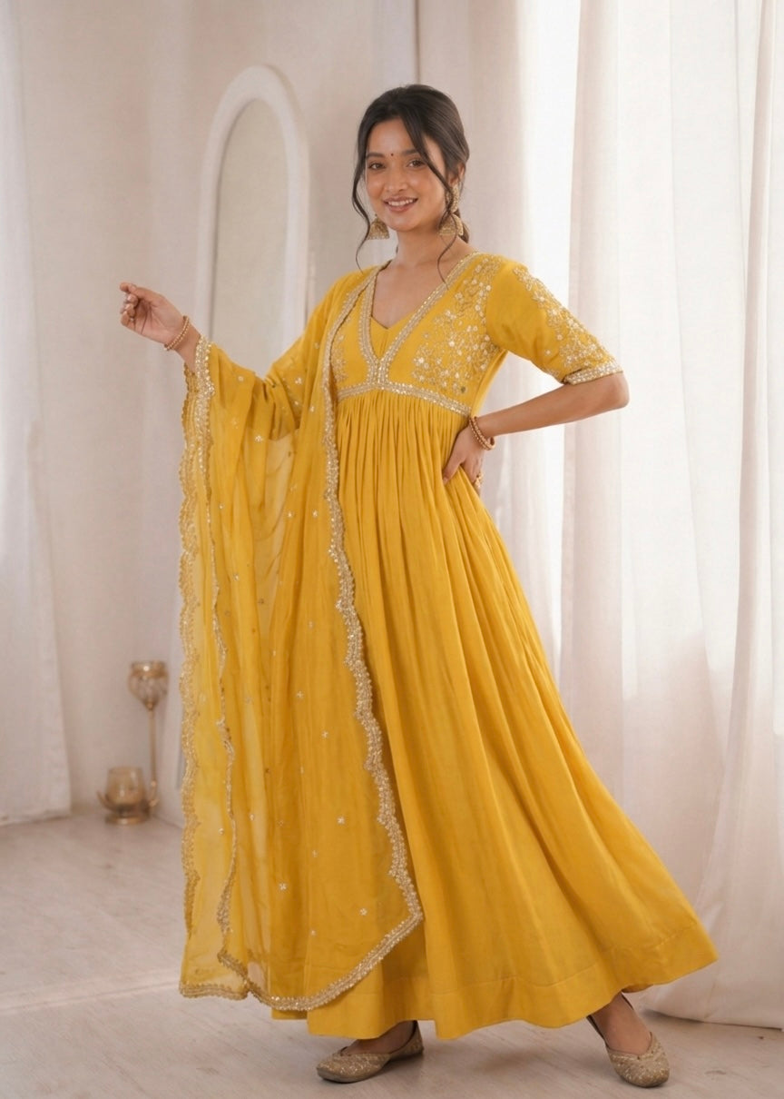 Sunshine Yellow Embroidered Anarkali Gown with Elegant Mirror Lace Border and Floral Embroidered Dupatta