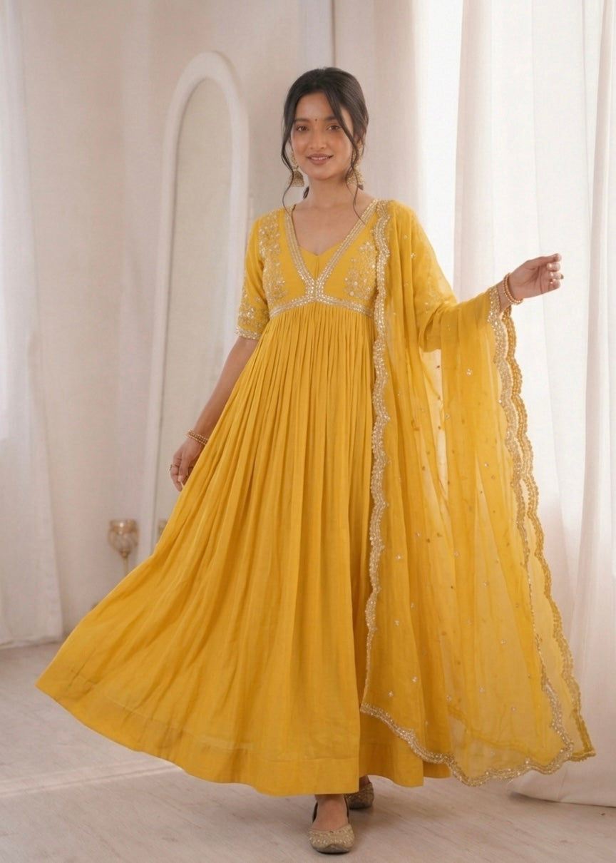 Sunshine Yellow Embroidered Anarkali Gown with Elegant Mirror Lace Border and Floral Embroidered Dupatta