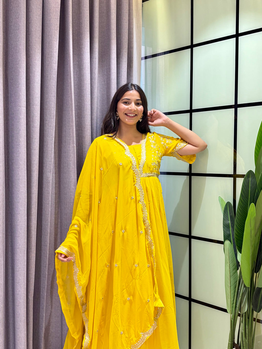 Sunshine Yellow Embroidered Anarkali Gown with Elegant Mirror Lace Border and Floral Embroidered Dupatta