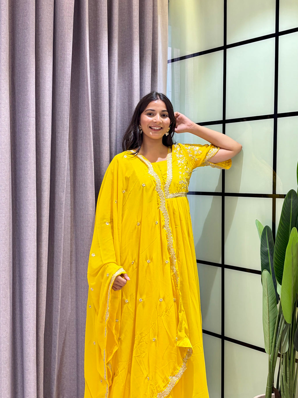 Sunshine Yellow Embroidered Anarkali Gown with Elegant Mirror Lace Border and Floral Embroidered Dupatta