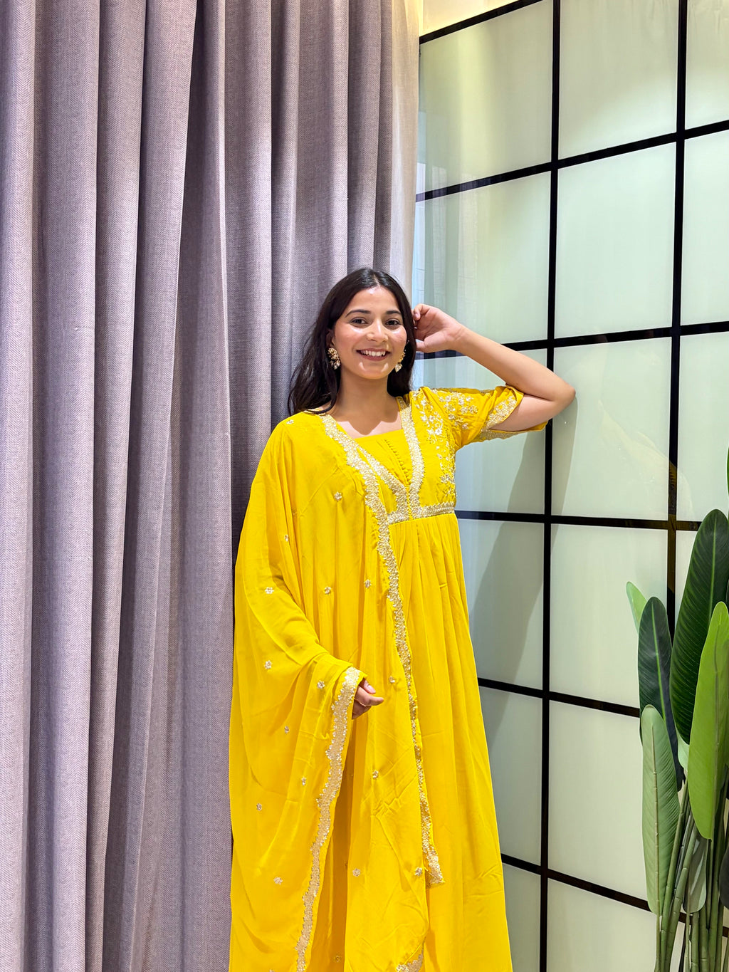 Sunshine Yellow Embroidered Anarkali Gown with Elegant Mirror Lace Border and Floral Embroidered Dupatta