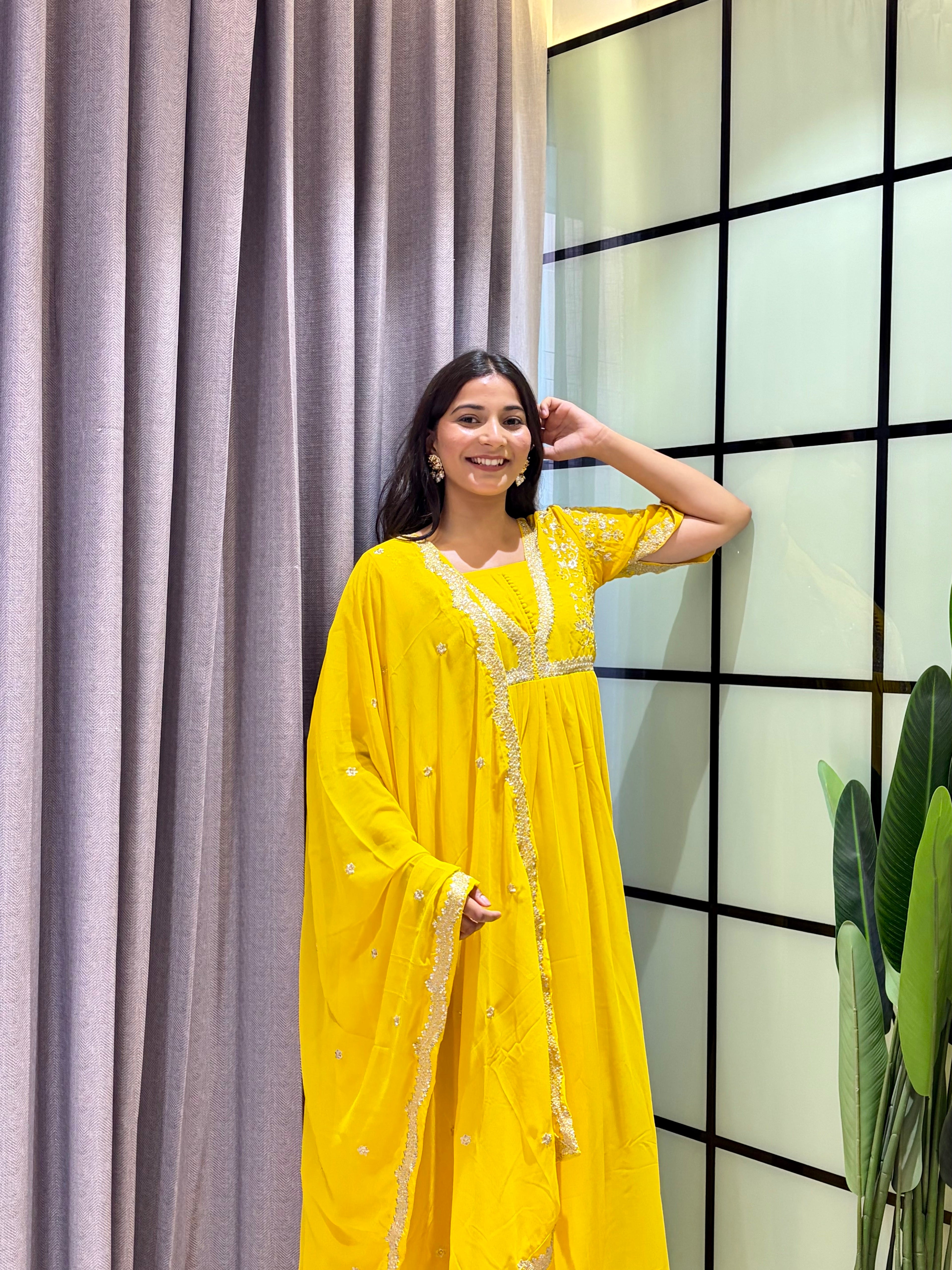 Sunshine Yellow Embroidered Anarkali Gown with Elegant Mirror Lace Border and Floral Embroidered Dupatta