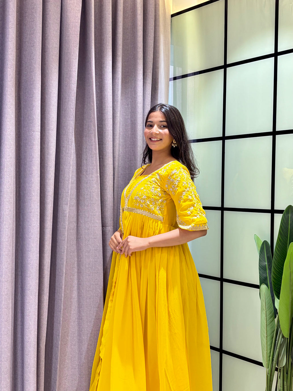 Sunshine Yellow Embroidered Anarkali Gown with Elegant Mirror Lace Border and Floral Embroidered Dupatta