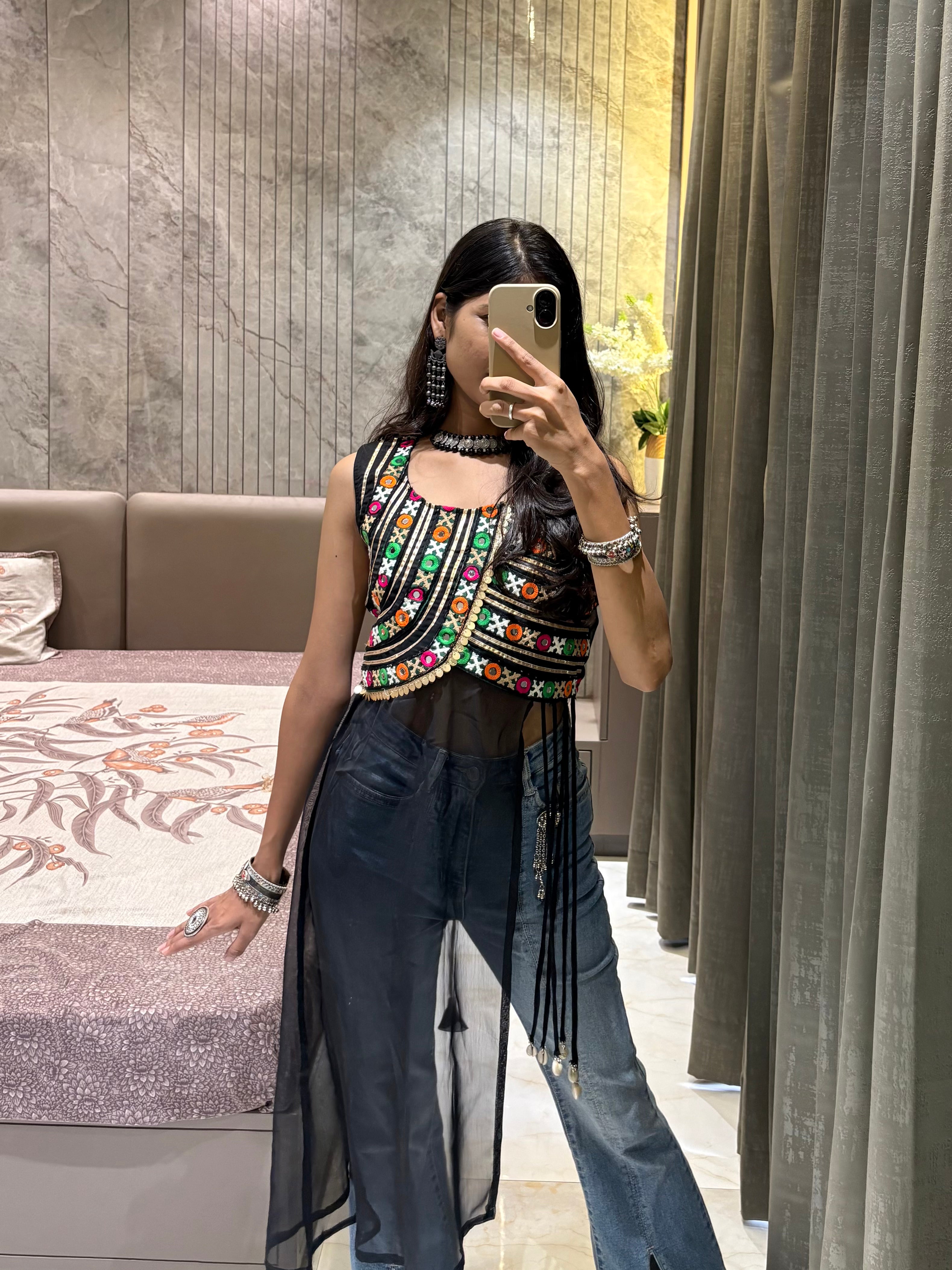 Midnight Black Kutchi Embroidered Crop Top with Statement Tassel Details